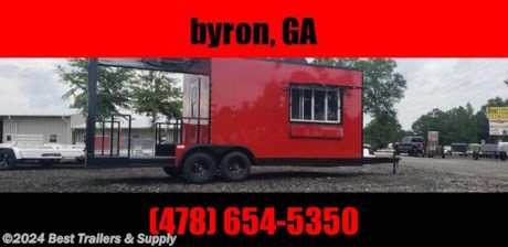 **Best Trailers &amp; Supply**

**Byron GA**

**800-453-1810**

FREE WHITE WHEEL SPARE TIRE WHEN YOU PAY CASH at pick up

8.5x22 1st Places Cargo Trailer Axle

2ft V Nose 3x5 concession window

CONCESSION TRAILER

6FT PORCH

WATER PKG (50 GAL WASTE, 30 GAL FRESH, 2.5 WATER HEATER, WATER PUMP), 3 SINK PKG W/ HANDWASH

100 ELEC PKG, 7 OUTLETS

2 GFI, 4 LED OUTSIDE LIGHTS

3-4FT LED CEILING LIGHT

13500BTU AC UNIT

5X3 CONCESSION DOOR W/ GLASS, 5FT DROP DOWN LEAF SHELF

37X37 ACCESS DOOR

EXTENDED TONGUE W/ GENERATOR PLATFORM

1 PROPANE CAGE

MILL FINISH INT WALL/CEILING, RTP FLOOR, BUBBLE WRAP INSULATION WALL/CEILING, 7&#39;6 INT HEIGHT

5200LB AXLES

CITY WATER FILL BOX

**Best Trailers &amp; Supply**

**Byron GA**

**800-453-1810**