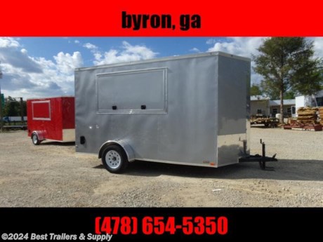 **Best Trailers &amp; Supply**

**Byron GA**

**800-453-1810**

FREE WHITE WHEEL SPARE TIRE WHEN YOU PAY CASH at pick up

6x12&#39; concession trailer ready for you to finish to your specs.
We offer a full line of finished fully equipped food trailers and food trucks. We offer gas pkg propane pkg exhaust hood pkg and appliances. Available sizes 12ft 14ft 16ft 24ft and up. Any size serving window can be built 3x5 up to 4x8 with or without glass and screen. Please check out all of other trailers.

Options on this trailer

3x6 window
.030 Semi Screwless
7&#39; Interior
Rear Entry Door

Standard Features

16&quot; O.C. Cross Members
Screwed Exterior
ST205 15&quot; Steel Belted Tires
E-Z Lube Hubs
24&quot; O.C. Roof Members
Interior Height 72&quot;
1-pc. Aluminum Roof
4-Way Plug
24&quot; O.C. Side Walls
1-12 Volt Dome Light Ramp Door
2&quot; A-Frame Coupler
8mm Birch Luan Walls
Plastic S/W Vents
Alum. Jeep Style Fenders
2-K Jack
3&quot; Tube Main Frame
12&quot; ATP Stone Guard
Incandescent Tail Lights
36&quot; Side Door w RV style Lock
V-nose (2&#39;)
Safety Door Chain
0.024 Alum side
Metal Mods Rims
2990# Leaf Spring Drop Axle

**800-453-1810**

Any questions, concerns, or Info on this trailer, please call our sales team

delv is $2 per loaded mile

Please call to check stock

**800-453-1810**