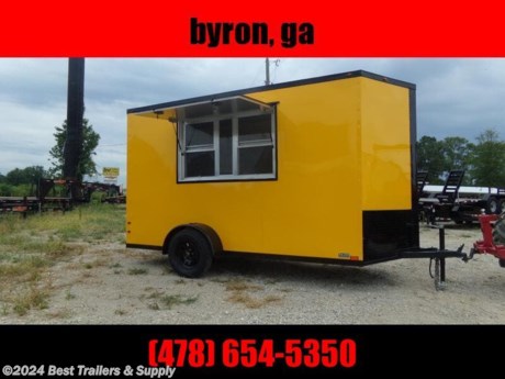 Best Trailers &amp; Supply

Byron GA

800-453-1810

FREE WHITE WHEEL SPARE TIRE WHEN YOU PAY CASH at pick up

6x12&#39; 7&#39; interior concession trailer ready for you to finish to your specs.
We offer a full line of finished fully equipped food trailers and food trucks. We offer gas pkg propane pkg exhaust hood pkg and appliances. Available sizes 12ft 14ft 16ft 24ft and up. Any size serving window can be built 3x5 up to 4x8 with or without glass and screen. Please check out all of other trailers.

Options on this trailer

3x5 window
7&#39; interior
blackout trim
RV door on rear
Glass &amp; Screen Slider Window

Standard Features

24&quot; O.C. Cross Members
Screwed Exterior
ST205 15&quot; Steel Belted Tires
E-Z Lube Hubs
24&quot; O.C. Roof Members
Interior Height 72&quot;
1-pc. Aluminum Roof
4-Way Plug
24&quot; O.C. Side Walls
1-12 Volt Dome Light Ramp Door
2&quot; A-Frame Coupler
8mm Birch Luan Walls
Plastic S/W Vents
Alum. Jeep Style Fenders
2-K Jack
3&quot; Tube Main Frame
ATP Stone Guard
LED Tail Lights
36&quot; Side Door w RV style Lock
V-nose (2&#39;)
Metal Mods Rims
2990# Leaf Spring Drop Axle

800-453-1810

Any questions, concerns, or Info on this trailer, please call our sales team

delv is $2 per loaded mile

Please call to check stock

800-453-1810