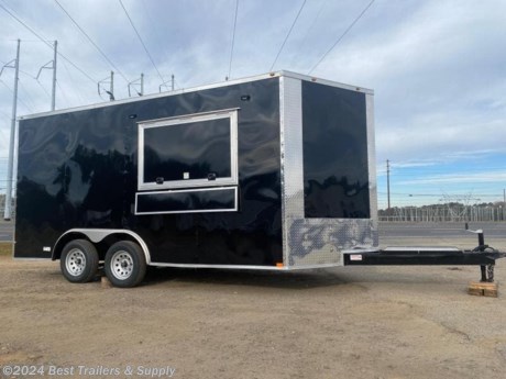 **Best Trailers &amp; Supply**
**Byron GA**
**800-453-1810**

**THIS TRAILER IS located on ARKANSAS**
fridge
27 inch sandwich prep
36 griddle
fryer 40#
8 ft hood
propane pkg
fire suppression

8.5x16 7&#39;6&quot;interior 1st Place Cargo Concession Trailer


FREE WHITE WHEEL SPARE TIRE WHEN YOU PAY CASH at pick up

*Finished Interior
-Silver Metal Walls
-Silver Metal Ceiling
-ATP Floor

*Electric Pkg w/ 13,500 AC
Outlets down both walls
Outlet in v nose above sink

*4X5 window with glass and screen

*Triple Tube Tongue W/ Generator Platform

*Sink PKG
-NSF Approved 3 Bay Sink w/ Hand-wash Sink
-30 Gal Fresh
-50 Gal waste
-6 Gallon Hot water Heater
-Water pump

IN STOCK READY TO GO

Features:

15&quot; wheels
White color
2 foot v nose front design
All steel frame design
7&#39; 6&quot; foot interior height
3500# dropped axles
Brakes on BOTH axles
Breakaway kit with battery backup
7 way round electrical plug for lights &amp; brakes
Requires 2 5/16th&quot; ball for hookup

L.E.D. tail lights

**800-453-1810**

Any questions, concerns, or Info on this trailer, please call our sales team

delv is $2 per loaded mile