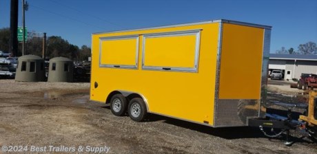 8.5x16 7&#39;interior 1st Place Cargo Concession Trailer
Mobile Space Sale and Rental
Byron GA

800-453-1810

FREE WHITE WHEEL SPARE TIRE WHEN YOU PAY CASH at pick up

3x6 Concession windows with glass and screen x2

IN STOCK READY TO GO

Features:

15&quot; wheels
yellow polycore color
2 foot v nose front design
All steel frame design
7 foot interior height
3500# dropped axles
Brakes on BOTH axles
Breakaway kit with battery backup
7 way round electrical plug for lights &amp; brakes
Requires 2 5/16th&quot; ball for hookup

L.E.D. tail lights

800-453-1810

Any questions, concerns, or Info on this trailer, please call our sales team

delv is $2 per loaded mile