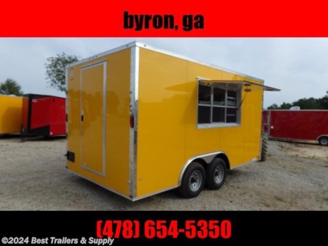 Best Trailers &amp; Supply

Byron GA

800-453-1810

8.5x16 7&#39;interior 1st Place Cargo Concession Trailer


FREE WHITE WHEEL SPARE TIRE WHEN YOU PAY CASH at pick up

*Finished Interior
-Silver Metal Walls
-Silver Metal Ceiling
-ATP Floor

*Electric Pkg w/ 13,500 AC

*3x6window with glass and screen

*Triple Tube Tongue W/ Generator Platform

*Sink PKG
-NSF Approved 3 Bay Sink w/ Hand-wash Sink
-30 Gal Fresh
-50 Gal waste
-6 Gallon Hot water Heater
-Water pump

IN STOCK READY TO GO

Features:

15&quot; wheels
White color
2 foot v nose front design
All steel frame design
7&#39; foot interior height
5200# dropped axles
Brakes on BOTH axles
Breakaway kit with battery backup
7 way round electrical plug for lights &amp; brakes
Requires 2 5/16th&quot; ball for hookup

L.E.D. tail lights

800-453-1810

Any questions, concerns, or Info on this trailer, please call our sales team

delv is $2 per loaded mile