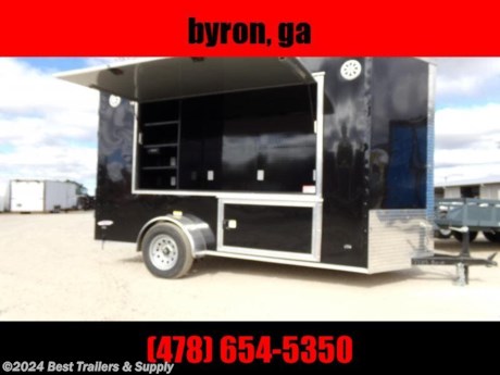 Best Trailers &amp; Supply

Byron GA

800-453-1810

black 6 x 12 tailgate party trailer
Options on this trailer

4x8 window w shadow boc
7&#39; interior
.030 red skin
Rear door
Stab Jacks
cooler box
30 amp electric pkg
Radio
LED lights

Standard Features

16&quot; O.C. Cross Members
Screwed Exterior
ST205 15&quot; Steel Belted Tires
E-Z Lube Hubs
24&quot; O.C. Roof Members
Interior Height 72&quot;
Galvalume Roof
4-Way Plug
16&quot; O.C. Side Walls
3/4&quot; Wood Floors
1-12 Volt Dome Light Ramp Door
2&quot; A-Frame Coupler
8mm Birch Luan Walls
Plastic S/W Vents
Alum. Jeep Style Fenders
2-K Jack
3&quot; Tube Main Frame
12&quot; ATP Stone Guard Incandescent Tail Lights
36&quot; Side Door w RV style Lock
V-nose (2&#39;)
Safety Door Chain
0.024 Alum side
Metal Mods Rims
2990# Leaf Spring Drop Axle

please call to check stock

Delivery $2 per mile

Best Trailers &amp; Supply

Byron GA

800-453-1810