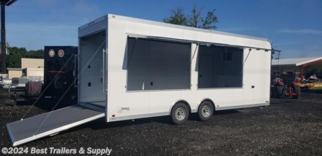 ## best trailers and supply

## Byron GA 478-654--5350

## all aluminum vending marketing trailer 8.5 x 24 2 window

*
* **Frame Features**
* Full Perimeter Aluminum Frame
* Frame Protection - Bogey Wheels
* Electric Brakes - All Axles
* Breakaway Battery Kit
* 7 Way - Trailer Plug
* 2 5/16&quot; Ball Coupler - 10,000 lb
* Safety Chains w/ Storage Hooks
* 5,000 lb Top Wind Jack
* (4) 5,000 lb - Scissor Jacks
* 16&quot; O/C Floor Crossmembers
* 16&quot; O/C Wall Crossmembers
* 16&quot; O/C 1&quot;x3&quot; Roof Studs
* Spread Axle Design
* Grey Mod Wheels w/ Radial Tires
* Extended Triple Tube Tongue
* Backers for Future Exterior TV and Spare, Trailer Side and Front
* Frame Prepped for Future Fuel Tank (Stage Trailer)
*
* **Exterior Features**
* .030 Exterior Aluminum
* Screwless Aluminum Exterior
* One-Piece Aluminum Roof
* 4&quot; Upper &amp; Lower Rub Rail Trim
* LED Clearance Lights
* LED Slimline Tail Lights - Pair
* 24&quot; ATP Stone Guard
* 36&quot; Door w/ Slide-In/Slide-Out Step
* (1) 15 Amp Exterior Outlet
* Non-Slip Slide-Out Step
* Cast Corners w/ SS Vertical and Horizontal - Polished
* Rear Ramp Door
* Gray Coin Floor
* Gapless Continuous Hinge
* Walk-On Roof
* Generator Prep Package (Stage Trailer)
* Generator Transfer Switch (Stage Trailer)
* ATP Tongue-Mounted Generator Compartment (Stage Trailer)
* (2) Exterior Scene Lights - Curbside (Stage Trailer)
* 21&#39; Power Awning w/ Lighting (Stage Trailer)
* Portable 32&quot; Step for Stage (Stage Trailer)
* 16&#39; Stage Door w/ Gray Coin Floor, Straplift Assist &amp; Viewing Rail (Stage Trailer)
* Backer in Rear Ramp for Future Stage Legs (Stage Trailer)
* (2) 90&quot; x 60&quot; Concession Doors w/ Integrated Light (Vending Trailer)
*
* **Interior Features**
* Gray Coin Floor and Ramp
* (1) A/C Prep
* (8) 14&quot; LED Ceiling Lights
* 8&#39; Interior Height
* Screwless Aluminum Walls
* Screwless Aluminum Ceiling
* 50 Amp Breaker Box w/ 60-Amp Converter
* Motorbase Plug and 25&#39; Shorecord
* (2) 12v AGM Battery
* (6) 15 Amp Interior Outlets
* 12v Cut-Off Switch
* Aluminum Cabinet Package - Front Upper and Lower

478-654-5350
866-553-9566
call today