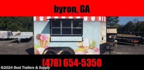 Best Trailers and Supply
Byron GA

800-453-1810

FREE WHITE WHEEL SPARE TIRE WHEN YOU PAY CASH at pick up

7 x 12 with sink pkg black
wrapped by panaprint
8 bin dipping cabinets
13 cubic ft chest freezer

Exterior Shelf
3x6 Window with Glass and Screen
7ft interior
.030
ramp door
finished interior
spare tire box
7 ft base cabinet
Stab Jacks

Electric Package

2 INTERIOR RECEPTS
1 SWITCH, 2 - 4&#39; FLUORESCENT LIGHTS
30 AMP PANEL BOX W/25&#39; LIFE LINE
Wired and Braced with A/C 13,500 BTU

Finished Interior Package

White Metal wall
White Metal ceiling
Rubber Floor

Standard Features

24&quot; O.C. Cross Members
Screwed Exterior
ST205 15&quot; Steel Belted Tires
E-Z Lube Hubs
24&quot; O.C. Roof Members
Interior Height 72&quot;
1-pc. Aluminum Roof
4-Way Plug
24&quot; O.C. Side Walls
A&quot; Plywood Floors
1-12 Volt Dome Light Ramp Door
2&quot; A-Frame Coupler
8mm Birch Luan Walls
Plastic S/W Vents
Alum. Jeep Style Fenders
2-K Jack
11ga. 3&quot; Tube Main Frame
12&quot; ATP Stone Guard Incandescent Tail Lights
36&quot; Side Door w RV style Lock
V-nose (2&#39;)
Safety Door Chain
0.024 Alum side
Metal Mods Rims
3500# Leaf Spring Drop Axle

800-453-1810

Any questions, concerns, or Info on this trailer, please call our sales team

delv is $2 per loaded mile