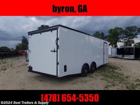 **Best Trailers &amp; Supply**

**Byron GA**

**800-453-1810**

FREE WHITE WHEEL SPARE TIRE WHEN YOU PAY CASH at pick up

8.5x24 car hauler Spread axle cargo trailer

Upgrades to this trailer

Spread 5200# Torsion axles

Semi screwless

Tube walls

Radial tires

Blackout PKG

Extended Tongue

Standard Features

V nose adds 2&#39; to interior

16&quot; O.C. Cross Members

Screwed Exterior

ST205 15&quot; Steel Belted Tires

Electric Brakes &amp; E-Z Lube Hubs

24&quot; O.C. Roof Members

Interior Height 78&quot;

1-pc. Aluminum Roof

7-Way &amp; Electric Breakaway

16&quot; O.C. Side Walls

&quot; Plywood Floors

1-12 Volt LED Dome

Trimmed Ramp &amp; 16&quot; Flap

2-5/16&quot; Coupler

3/8&quot; Plywood Walls

Non-Powered Roof Vent

Alum. Teardrop Flairs

2-K Jack &amp; Sand Foot

6&quot; Steel I-Beam Main

24&quot; ATP Stone Guard &amp; J-Rail

LED Light Package

36&quot; Side Door w/ Safety Chains

2&quot; V-Nose (ATP &amp; J Rail) Stepwell W/ ATP

Deluxe Tag Bracket

0.024 White Alum.

White Mods Rims

3500# Leaf Spring Drop Axle

**800-453-1810**

Any questions, concerns, or Info on this trailer, please call our sales team

delv is $2 per loaded mile

Please call to check stock

**800-453-1810**