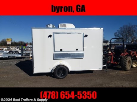 &lt;p&gt;Best Trailers &amp; Supply&lt;/p&gt;
&lt;b&gt;&#160;&lt;/b&gt;
&lt;p&gt;Byron GA&lt;/p&gt;
&lt;b&gt;&#160;&lt;/b&gt;
&lt;p&gt;800-453-1810&lt;/p&gt;
&lt;b&gt;&#160;&lt;/b&gt;
&lt;p&gt;FREE WHITE WHEEL SPARE TIRE WHEN YOU PAY CASH at pick up&lt;/p&gt;
&lt;b&gt;&#160;&lt;/b&gt;
&lt;p&gt;6x12&#39; 7&#39; interior concession trailer ready for you to finish to your specs.&lt;/p&gt;
&lt;b&gt;&#160;&lt;/b&gt;
&lt;p&gt;We offer a full line of finished fully equipped food trailers and food trucks. We offer gas pkg propane pkg exhaust hood pkg and appliances. Available sizes 12ft 14ft 16ft 24ft and up. Any size serving window can be built 3x5 up to 4x8 with or without glass and screen. Please check out all of other trailers.&lt;/p&gt;
&lt;b&gt;&#160;&lt;/b&gt;
&lt;p&gt;Options on this trailer&lt;/p&gt;
&lt;b&gt;&#160;&lt;/b&gt;
&lt;p&gt;4 ft hood&lt;/p&gt;
&lt;b&gt;&#160;&lt;/b&gt;
&lt;p&gt;fire suppression&lt;/p&gt;
&lt;b&gt;&#160;&lt;/b&gt;
&lt;p&gt;3x6 window w/ Glass &amp; Screen&lt;/p&gt;
&lt;b&gt;&#160;&lt;/b&gt;
&lt;p&gt;50 AMP Electric PKG&lt;/p&gt;
&lt;b&gt;&#160;&lt;/b&gt;
&lt;p&gt;7&#39; interior&lt;/p&gt;
&lt;b&gt;&#160;&lt;/b&gt;
&lt;p&gt;full sink pkg.&lt;/p&gt;
&lt;b&gt;&#160;&lt;/b&gt;
&lt;p&gt;3 compartment + handwash&lt;/p&gt;
&lt;b&gt;&#160;&lt;/b&gt;
&lt;p&gt;Standard Features&lt;/p&gt;
&lt;b&gt;&#160;&lt;/b&gt;
&lt;p&gt;24&quot; O.C. Cross Members&lt;/p&gt;
&lt;b&gt;&#160;&lt;/b&gt;
&lt;p&gt;Screwed Exterior&lt;/p&gt;
&lt;b&gt;&#160;&lt;/b&gt;
&lt;p&gt;ST205 15&quot; Steel Belted Tires&lt;/p&gt;
&lt;b&gt;&#160;&lt;/b&gt;
&lt;p&gt;E-Z Lube Hubs&lt;/p&gt;
&lt;b&gt;&#160;&lt;/b&gt;
&lt;p&gt;24&quot; O.C. Roof Members&lt;/p&gt;
&lt;b&gt;&#160;&lt;/b&gt;
&lt;p&gt;Interior Height 72&quot;&lt;/p&gt;
&lt;b&gt;&#160;&lt;/b&gt;
&lt;p&gt;1-pc. Aluminum Roof&lt;/p&gt;
&lt;b&gt;&#160;&lt;/b&gt;
&lt;p&gt;4-Way Plug&lt;/p&gt;
&lt;b&gt;&#160;&lt;/b&gt;
&lt;p&gt;24&quot; O.C. Side Walls&lt;/p&gt;
&lt;b&gt;&#160;&lt;/b&gt;
&lt;p&gt;1-12 Volt Dome Light Ramp Door&lt;/p&gt;
&lt;b&gt;&#160;&lt;/b&gt;
&lt;p&gt;2&quot; A-Frame Coupler&lt;/p&gt;
&lt;b&gt;&#160;&lt;/b&gt;
&lt;p&gt;8mm Birch Luan Walls&lt;/p&gt;
&lt;b&gt;&#160;&lt;/b&gt;
&lt;p&gt;Plastic S/W Vents&lt;/p&gt;
&lt;b&gt;&#160;&lt;/b&gt;
&lt;p&gt;Alum. Jeep Style Fenders&lt;/p&gt;
&lt;b&gt;&#160;&lt;/b&gt;
&lt;p&gt;2-K Jack&lt;/p&gt;
&lt;b&gt;&#160;&lt;/b&gt;
&lt;p&gt;3&quot; Tube Main Frame&lt;/p&gt;
&lt;b&gt;&#160;&lt;/b&gt;
&lt;p&gt;12&quot; ATP Stone Guard Incandescent Tail Lights&lt;/p&gt;
&lt;b&gt;&#160;&lt;/b&gt;
&lt;p&gt;36&quot; Side Door w RV style Lock&lt;/p&gt;
&lt;b&gt;&#160;&lt;/b&gt;
&lt;p&gt;V-nose (2&#39;)&lt;/p&gt;
&lt;b&gt;&#160;&lt;/b&gt;
&lt;p&gt;Safety Door Chain&lt;/p&gt;
&lt;b&gt;&#160;&lt;/b&gt;
&lt;p&gt;0.024 Alum side&lt;/p&gt;
&lt;b&gt;&#160;&lt;/b&gt;
&lt;p&gt;Metal Mods Rims&lt;/p&gt;
&lt;b&gt;&#160;&lt;/b&gt;
&lt;p&gt;2990# Leaf Spring Drop Axle&lt;/p&gt;
&lt;b&gt;&#160;&lt;/b&gt;
&lt;p&gt;800-453-1810&lt;/p&gt;
&lt;b&gt;&#160;&lt;/b&gt;
&lt;p&gt;Any questions, concerns, or Info on this trailer, please call our sales team&lt;/p&gt;
&lt;b&gt;&#160;&lt;/b&gt;
&lt;p&gt;delv is $2 per loaded mile&lt;/p&gt;
&lt;b&gt;&#160;&lt;/b&gt;
&lt;p&gt;Please call to check stock&lt;/p&gt;
&lt;p&gt;800-453-1810&lt;/p&gt;