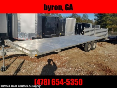 Aluma 1026 H bt deckover aluminum flatbed trailer ( 22+4 )

best trailers 478-654-5350 in byron GA

aused model 1026 aluma deckover trailer

1026----1725# curb weight

2. 5200# Rubber torsion axles - Easy lube hubs

Electric brakes &amp; breakaway kit

ST225/75R15 LRC radial tires (1760# cap/tire)

Aluminum wheels, 5-4.5 BHP

Extruded aluminum floor

A-framed aluminum tongue with 2-5/16&quot; coupler

Bi-fold tailgate (2 individual gates)

Trailers can be ordered with side rubrail - 96&quot; bed width

LED Lighting package, safety chains

2. Fold-down rear stabilizer jacks
3. Recessed tie rings, SS #5000

Dove tail, 48&quot; long with 8&quot; drop

Swivel tongue jack, 1500# capacity

Overall width = 101.5&quot;

Overall length = 370&quot;