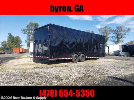 ## Best Trailers &amp; Supply

## Byron GA

## 800-453--1810

### 8.5x24 carhauler enclosed black w blackout trim


FREE WHITE WHEEL SPARE TIRE WHEN YOU PAY CASH at pick up

We can build many options on any car hauler, motor cycle trailers, and concession trailers. We have in stock 7k 10k and 14 k car haulers. Please make sure to check out all of the other trailer.

&lt;br&gt;
Up grades to this trailer

&lt;br&gt;
Semi screwless .white
5k axles

&lt;br&gt;
Standard Features

&lt;br&gt;
V nose adds 2&#39; to Interior
ST225 15&quot; Steel Belted Tires
Electric Brakes &amp; E-Z Lube Hubs
24&quot; O.C. Roof Members
Interior Height 84&quot;
1-pc. Aluminum Roof
7-Way &amp; Electric Breakaway
16&quot; O.C. Side Walls
3/4&quot; Plywood Floors
1-12 Volt LED Dome
Trimmed Ramp &amp; 16&quot; Flap
2-5/16&quot; Coupler
3/8&quot; Plywood Walls
Non-Powered Roof Vent
Alum. Teardrop Flairs
2-K Jack &amp; Sand Foot
6&quot; Steel I-Beam Main
24&quot; ATP Stone Guard &amp; J-Rail
LED Light Package
36&quot; Side Door w/ Safety Chains
2&quot; V-Nose (ATP &amp; J Rail) Stepwell W/ ATP
Deluxe Tag Bracket

&lt;br&gt;
800-453-1810

&lt;br&gt;
Any questions, concerns, or Info on this trailer, please call our sales team

&lt;br&gt;
delv is $2per loaded mile

&lt;br&gt;
Please call to check stock

&lt;br&gt;
800-453-1810