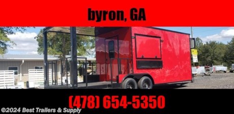 **Best Trailers &amp; Supply**

**Byron GA**

**800-453-1810**

FREE WHITE WHEEL SPARE TIRE WHEN YOU PAY CASH at pick up

8.5x22 1st Places Cargo Trailer Axle

2ft V Nose 3x5 concession window

CONCESSION TRAILER

5FT PORCH

WATER PKG (50 GAL WASTE, 30 GAL FRESH, 2.5 WATER HEATER, WATER PUMP), 3 SINK PKG W/ HANDWASH

50 ELEC PKG, 7 OUTLETS

2 GFI, 4 LED OUTSIDE LIGHTS

3-4FT LED CEILING LIGHT

13500BTU AC UNIT

5X3 CONCESSION DOOR W/ GLASS, 5FT DROP DOWN LEAF SHELF

37X37 ACCESS DOOR

EXTENDED TONGUE W/ GENERATOR PLATFORM

1 PROPANE CAGE

MILL FINISH INT WALL/CEILING, RTP FLOOR, BUBBLE WRAP INSULATION WALL/CEILING, 7&#39;6 INT HEIGHT

5200LB AXLES

CITY WATER FILL BOX

**Best Trailers &amp; Supply**

**Byron GA**

**800-453-1810**