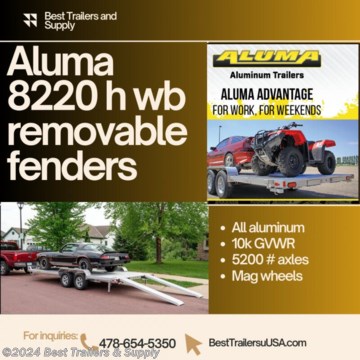 # Best tTrailers and supply

# byron GA

# 478-654-5350

8220 heavy aluma carhauler wide body with slide load and removable fenders

Standard Equipment
&#226;?&#162;

* Easy lube hubs
 WB20H &amp; WB22H
* 
 2. 5200# Rubber torsion axles
* Easy lube hubs
 &#226;?&#162; Electric brakes, breakaway kit
 &#226;?&#162; ST225/75R15 LRC Radial tire
 &#226;?&#162; Aluminum wheels,
 &#226;?&#162; Drive-over aluminum fenders
 &#226;?&#162; Extruded aluminum floor
 &#226;?&#162; Front retaining rail
 &#226;?&#162; A-Framed aluminum tongue, 54&quot; long with 2-5/16&quot; coupler
 &#226;?&#162; 2) 7&#39; Aluminum ramps with storage underneath
 &#226;?&#162; Rub rail welded to stake pockets on sides
 &#226;?&#162; 4) Recessed tie rings, SS #5000

2. Fold-down rear stabilizer jacks
 &#226;?&#162; Swivel tongue jack, 1500# capacity
 &#226;?&#162; LED Lighting package, safety chains
 &#226;?&#162; 2 Front Load Lights
 &#226;?&#162; Overall width = 101.5&quot;
 &#226;?&#162; Overal length = 302&quot;