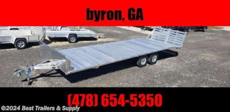 Aluma 1026 H bt deckover aluminum flatbed trailer ( 22+4 )

best trailers 478-654-5350 in byron GA

air dam included

1026----1725# curb weight

2. 5200# Rubber torsion axles - Easy lube hubs

Electric brakes &amp; breakaway kit

ST225/75R15 LRC radial tires (1760# cap/tire)

Aluminum wheels, 5-4.5 BHP

Extruded aluminum floor

A-framed aluminum tongue with 2-5/16&quot; coupler

Bi-fold tailgate (2 individual gates)

Trailers can be ordered with side rubrail - 96&quot; bed width

LED Lighting package, safety chains

2. Fold-down rear stabilizer jacks
3. Recessed tie rings, SS #5000

Dove tail, 48&quot; long with 8&quot; drop

Swivel tongue jack, 1500# capacity

Overall width = 101.5&quot;

Overall length = 370&quot;