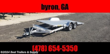 only 1500# curb weight on this aluminum 82 x 18 tilt carhauler trailer

* Bed locks for travel and also wheel tilted back
* about 9 Degrees of tilt
* 

2. 3500# Rubber torsion axles - Easy lube hubs

* Electric brakes, breakaway kit
* ST205/75R14 LRC Carlisle radial tires (1760# cap/tire)
* Phantom aluminum wheels, 5-4.5 BHP
* Removable aluminum fenders
* Extruded aluminum floor
* Front retaining rail headache bar
* A-Framed aluminum tongue, 48&quot; long with 2-5/16&quot; coupler
* 

8. stake pockets on sides

* 

4. swivel tie downs

* 

2. Fold-down rear stabilizer jacks

* Double-wheel swivel tongue jack, 1200# capacity
* DOT Lighting package, safety chains
* Overall width = 101-1/2&quot;
* Distance between fenders = 82&quot;