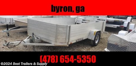 best trailers in byron GA
7712 aluma 6.5 x 12 utility trailer aluminum
A 3500# Rubber torsion axle (rated at 2990#) - No brakes - Easy lube hubs
A ST205/75R14 LRC radial tires (1760# cap/tire)
A Aluminum wheels, 5-4.5 BHP
A Aluminum fenders
A Extruded aluminum floor
A Front &amp; side retaining rails
A A-Framed aluminum tongue, 48&quot; long with 2&quot; coupler
A 4) Stake pockets (2 per side)
A Swivel tongue jack, 800# capacity
A LED Lighting package, safety chains
A Hydraulic dampener
A Hydraulic lift for gas shock
A Overall width = 101.5&quot;
A Overall length = 194.5&quot;
A 15AA Tilt