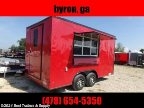 Best Trailers &amp; Supply

Byron GA

800-453-1810

8.5x16 7&#39;interior 1st Place Cargo Concession Trailer

6 ft hood new 
propane pkg new 
fire suppresion new 

4 burner oven 
fryers 
undercounter firdge 
stand up fridge 

FREE WHITE WHEEL SPARE TIRE WHEN YOU PAY CASH at pick up

*Finished Interior
-Silver Metal Walls
-Silver Metal Ceiling
-ATP Floor

*Electric Pkg w/ 13,500 AC

*3x6window with glass and screen

*Triple Tube Tongue W/ Generator Platform

*Sink PKG
-NSF Approved 3 Bay Sink w/ Hand-wash Sink
-30 Gal Fresh
-50 Gal waste
-6 Gallon Hot water Heater
-Water pump

IN STOCK READY TO GO

Features:

15&quot; wheels
White color
2 foot v nose front design
All steel frame design
7&#39; 6&quot; foot interior height
3500# dropped axles
Brakes on BOTH axles
Breakaway kit with battery backup
7 way round electrical plug for lights &amp; brakes
Requires 2 5/16th&quot; ball for hookup

L.E.D. tail lights

800-453-1810

Any questions, concerns, or Info on this trailer, please call our sales team

delv is $2 per loaded mile