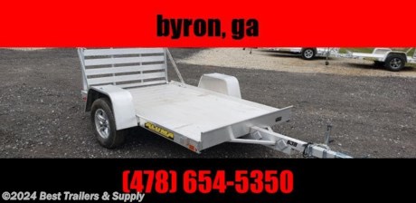 BESTTRAILERS AND SUPPLY BYRON Ga
478-654--5350

Model: 638
Weight: 400#
Bed Size: 63&quot; x 96&quot;
Tires: 13&quot;

* 2000# Rubber torsion axle - No brakes - Easy lube hubs
* ST175/80R13 LRC Radial tires (1360# cap/tire)
* Aluminum wheels, 5-4.5 BHP
* Aluminum fenders
* Extruded aluminum floor
* 6&quot; Front retaining bumper
* A-Framed aluminum tongue, 48&quot; long with 2&quot; coupler
* 
 * Stake pockets (2 per side)
* 
 * Tie down loops (2 per side)
* Swivel tongue jack, 1200# capacity
* LED Lighting package, safety chains
* Aluminum tailgate / bi-fold tailgate - 59.25&quot; x 39&quot; long
* Overall width = 84.5&quot;
* Overall length = 145&quot;