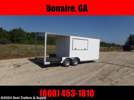 Best Trailers &amp; Supply

Byron GA

800-453-1810

FREE WHITE WHEEL SPARE TIRE WHEN YOU PAY CASH at pick up

**PICTURES MAY SHOW OPTIONS (color, glass insert style, etc.)**

Upgrades to this trailer:
SEMISCREWLESS
6&#39; BBQ PORCH W/ STEEL TREAD PLATE FLOORING
12&quot; ON CENTER CROSS MEMBERS
36&quot; DOOR INTO BOX, 36&quot; STEPWELL
6&quot; ADDITIONAL HEIGHT, 60&quot; TTT
5200LB DROP SPRING W/ ELEC BRAKE
THERMA COOL CEILING
3X6 CONCESSION DOOR W/ WINDOW &amp; SCREEN

Standard Features:
16&quot; O.C. Cross Members
Screwed Exterior
ST205 15&quot; Steel Belted Tires
Electric Brakes &amp; E-Z Lube Hubs
24&quot; O.C. Roof Members
Interior Height 78&quot;
Galvalume Roof
7-Way &amp; Electric Breakaway
16&quot; O.C. Side Walls
&quot; Plywood Floors
1-12 Volt LED Dome
H/D Ramp Door
2-5/16&quot; Coupler
3/8&quot; Plywood Walls
Non-Powered Roof Vent
16&quot; Ramp Flap
2-K Jack &amp; Sand Foot
24&quot; ATP Stone Guard &amp; J-Rail
LED Light Package
36&quot; Side Door w/FI. Mt. Locks
2&quot; V-Nose (ATP &amp; J Rail)
4, 6-K Floor Mounted D-Rings
6&quot; I Beam Frame
Deluxe Tag Bracket
Alum. Fender Flairs
Stepwell W/ ATP
2 Beaver Tail
0.024 White Alum. Metal
White Mods Rims
3500# Leaf Spring Drop Axle

800-453-1810

Any questions, concerns, or Info on this trailer, please call our sales team

delv is $2 per loaded mile

Please call to check stock

800-453-1810