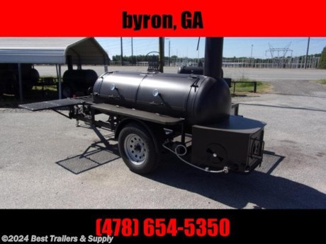 250 Reverse Flow Rib Bow 5x10 with storage with FOLDING SHELF 250 Reverse Flow Bubba Grill concession smoker on 5x10 utility trailer with storage down one side. This BBQ PIT SMOKER has gas starter in the fire box and has Double Burners on the front for anything from fish frying to low country boil. It also has a double floor inside for char coal. You can grill steaks, chicken, hamburger and more. Large fire box with gas starter to start wood or coal fire. Great for smoking baby back ribs, Boston butts, brisket.and more Great for catering and events. Like all of our units this one is built with quality components and a professional paint job. Gas is used for starting the wood in smoke box or for added heat through the smoke box while cooking. There are no gas burners inside the actual grill for cooking. 250 gal. Grill storage space 31&quot;x97&quot; Charcoal/wood smoker 3 Stainless Stell 500 Degree Thermometers 2 Cooking Racks Inside, Lower 29&quot;x65&quot; and Upper 23&quot;x65&quot; 2 Doors on one side Easy to Clean 3&#39;x7&#39;4&#39;&#39; Cargo Area in Front of Trailer Reverse Airflow Plate for Smoking 1200 Degree High Temp Coating on Body fully Welded Trailer DOT Trailer Lights 3500lb Axle with 15&quot; tires safety chains and 2&quot; ball coupler large fire box 28&quot;x32&quot;x25&quot; 