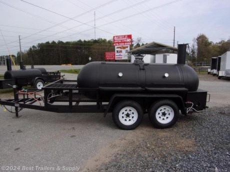500 Gal smoker grill on 6x12 with storage 

500 Reverse Flow Bubba Grill concession smoker on 6x12 utility trailer with storage down one side. This is the BIG BOY for all the large cooking jobs. 2 Large doors and 4 BBQ racks. This BBQ PIT SMOKER has gas starter in the fire box and has Double Burners on the front for anything from fish frying to low country boil. It also has a double floor inside for char coal. You can grill steaks, chicken, hamburger and more. Large fire box with gas starter to start wood or coal fire. Great for smoking baby back ribs, Boston butts, brisket.and more 
Great for catering and events. 
Like all of our units this one is built with quality components and a professional paint job. Gas is used for starting the wood in smoke box or for added heat through the smoke box while cooking. There are no gas burners inside the actual grill for cooking. 


500 gal. Grill 
* 
Smoke or use Charcoal 
* 
Real Wood Burning smoker 
* 
2 Propane Holders in Front and 2 Fish Fryers 
* 
2 Stainless Steel 500 Degree Thermometers 
* 
4 Cooking Racks Inside, Lower 36.5&quot;x36.5&quot; and Upper 28.5&quot;x36.5&quot; 
* 
2 Doors on one side with safety latches 
* 
Easy to Clean 
* 
Cargo Area in Front and side of Trailer 14 sq ft 
* 
Reverse Airflow Plate for Smoking or for charcoal on top of 
* 
1200 Degree High Temp Coating on Body 
* 
fully Welded Trailer 
* 
DOT Trailer Lights 
* 
2 3500lb Axles with NEW 15&quot; tires 
* 
safety chains and 2-5/16&quot; ball coupler