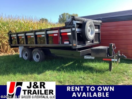 &lt;p&gt;&lt;span style=&quot;font-weight: bold;&quot;&gt;&amp;nbsp;&lt;/span&gt;stock # 084383&lt;/p&gt;
&lt;p&gt;This trailer is for sale at J&amp;amp;R Trailer Sales in Orrville Ohio . We offer Rent To Own Financing and also offer traditional financing.&lt;/p&gt;
&lt;p&gt;&lt;span style=&quot;font-weight: bold;&quot;&gt;Corn Pro 81&quot;x14&#39; Dump Trailer 16,000 lbs GVW&lt;/span&gt;&lt;/p&gt;
&lt;p&gt;&amp;nbsp;&lt;/p&gt;
&lt;p style=&quot;color: #444444; font-family: Arial, Helvetica, Tahoma, sans-serif; font-size: 16px; line-height: 22px; margin: 0px; padding: 0px 0px 15px; background-color: #ffffff;&quot;&gt;&lt;strong&gt;&lt;span style=&quot;color: #800000;&quot;&gt;Standard Features&lt;/span&gt;&lt;/strong&gt;&lt;/p&gt;
&lt;table style=&quot;color: #444444; font-family: Arial, Helvetica, Tahoma, sans-serif; font-size: 16px; background-color: #ffffff;&quot;&gt;
&lt;tbody&gt;
&lt;tr&gt;
&lt;td&gt;
&lt;ul style=&quot;margin: 0px; padding: 0px 0px 15px;&quot;&gt;
&lt;li style=&quot;margin: 0px 0px 0px 30px; padding: 0px; list-style-type: square;&quot;&gt;Combo Gate &amp;ndash; spreader and barn door&lt;/li&gt;
&lt;li style=&quot;margin: 0px 0px 0px 30px; padding: 0px; list-style-type: square;&quot;&gt;Electric brakes on both axles&lt;/li&gt;
&lt;li style=&quot;margin: 0px 0px 0px 30px; padding: 0px; list-style-type: square;&quot;&gt;Scissor hoist&lt;/li&gt;
&lt;li style=&quot;margin: 0px 0px 0px 30px; padding: 0px; list-style-type: square;&quot;&gt;81&quot; inside width&lt;/li&gt;
&lt;li style=&quot;margin: 0px 0px 0px 30px; padding: 0px; list-style-type: square;&quot;&gt;3/16&quot;&amp;nbsp;floor and 12-gauge sides&lt;/li&gt;
&lt;li style=&quot;margin: 0px 0px 0px 30px; padding: 0px; list-style-type: square;&quot;&gt;Bulldog&amp;reg; 10,000 lb jack&lt;/li&gt;
&lt;li style=&quot;margin: 0px 0px 0px 30px; padding: 0px; list-style-type: square;&quot;&gt;Truck-Lite&amp;reg; rubber mounted sealed beam lights&lt;/li&gt;
&lt;li style=&quot;margin: 0px 0px 0px 30px; padding: 0px; list-style-type: square;&quot;&gt;Diamond plate fenders and running boards, 11-gauge&lt;/li&gt;
&lt;li style=&quot;margin: 0px 0px 0px 30px; padding: 0px; list-style-type: square;&quot;&gt;Tarp System&lt;/li&gt;
&lt;li style=&quot;margin: 0px 0px 0px 30px; padding: 0px; list-style-type: square;&quot;&gt;Spare Tire&lt;/li&gt;
&lt;/ul&gt;
&lt;/td&gt;
&lt;td&gt;
&lt;ul style=&quot;margin: 0px; padding: 0px 0px 15px;&quot;&gt;
&lt;li style=&quot;margin: 0px 0px 0px 30px; padding: 0px; list-style-type: square;&quot;&gt;2 5/16&quot; heavy-duty coupler &amp;ndash; adjustable&lt;/li&gt;
&lt;li style=&quot;margin: 0px 0px 0px 30px; padding: 0px; list-style-type: square;&quot;&gt;Six welded D-rings&lt;/li&gt;
&lt;li style=&quot;margin: 0px 0px 0px 30px; padding: 0px; list-style-type: square;&quot;&gt;Lockable front box&lt;/li&gt;
&lt;li style=&quot;margin: 0px 0px 0px 30px; padding: 0px; list-style-type: square;&quot;&gt;Tailgate chains included&lt;/li&gt;
&lt;li style=&quot;margin: 0px 0px 0px 30px; padding: 0px; list-style-type: square;&quot;&gt;Push button dump control with quick disconnect&lt;/li&gt;
&lt;li style=&quot;margin: 0px 0px 0px 30px; padding: 0px; list-style-type: square;&quot;&gt;DuPont&amp;reg; epoxy primer &amp;amp; urethane paint&lt;/li&gt;
&lt;li style=&quot;margin: 0px 0px 0px 30px; padding: 0px; position: static; list-style-type: square;&quot;&gt;Battery operated break away control&lt;/li&gt;
&lt;li style=&quot;margin: 0px 0px 0px 30px; padding: 0px; position: static; list-style-type: square;&quot;&gt;5&#39; slide out ramps&lt;/li&gt;
&lt;/ul&gt;
&lt;/td&gt;
&lt;/tr&gt;
&lt;/tbody&gt;
&lt;/table&gt;
&lt;p&gt;&amp;nbsp;&lt;/p&gt;
&lt;p&gt;Please contact us to verify that this trailer is still available. All prices are subject to Tax, Title, Plates . All Trailers are discounted for Cash or Finance Price ! We charge a convenience fee on credit card purchases. J&amp;amp;R Trailer Sales &amp;amp; Rentals, LLC is located near Wooster Ohio, Apple Creek Ohio, Kidron OH, Dalton OH, Fredericksburg Ohio, Akron Ohio, New Philadelphia Ohio, Pittsburgh PA,&amp;nbsp; Pennsylvania State line.&amp;nbsp;Come see us for the best deal on Dump Trailers, Equipment Trailers, Flatbed Trailers, Skidloader Trailers, Tiltbed Trailer, Bobcat Trailer, Farm Trailer, Trash Trailer, Cleanup Trailer, Hotshot Trailer, Gooseneck Trailer, Trailor, Load Trail Trailers for sale, Utility Trailer, ATV Trailer, UTV Trailer, Side X Side Trailer, SXS Trailer, Mower Trailer,Truck Flatbeds, Tank Trailers, Hydraulic Dovetail Trailers, MAX Ramp Trailer, Ramp Trailer, Deckover Trailer, Pintle Trailer, Construction Trailer, Contractor Trailer, Jeep Trailers, Buggy Hauler Trailers, Scissor Lift Trailers, Used Trailer, Car Hauler, Car Trailers, Lawncare Trailers, Landscape Trailers, Low Pro Trailers, Backhoe Trailers, Golf Cart Trailers, Side Load Trailers, Tall Sided Dump Trailer for sale, 3&#39; Tall Side Dump Trailer, 4&#39; tall side dump trailer, gooseneck dump trailer, fold down side dump trailers. We are also an Aluma Aluminum Trailer Dealer. We have Aluminum Trailers for sale in Ohio. We also offer trailer rental in Ohio.&amp;nbsp;&lt;/p&gt;
&lt;p&gt;&amp;nbsp;&lt;/p&gt;
&lt;ul&gt;
&lt;li&gt;
&lt;div&gt;J&amp;amp;R Trailer Sales &amp;amp; Rentals, LLC&amp;nbsp; is not responsible for any Typos, Errors or misprints.&lt;/div&gt;
&lt;/li&gt;
&lt;/ul&gt;