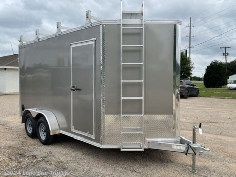 Ultimate Contractor Package - All-Aluminum Construction, Integrated Frame Design&lt;br&gt;&lt;br&gt;36&quot; V-Front - 24&quot; Stoneguard&lt;br&gt;One Piece Aluminum Roof - Screwless .030 Bonded Sides - 3&quot; Exterior Trim&lt;br&gt;2-3K Braked Leaf Spring Axle w/ 4&quot; Drop&lt;br&gt;2 5/16&quot; Coupler w/Safety Chains&lt;br&gt;2000lb Center Jack w/Foot&lt;br&gt;205/7R 15&quot; Radial Tires - 15&quot; Silver Mod Wheels&lt;br&gt;Smooth Aluminum Tandem Fenders&lt;br&gt;2&quot; x 5&quot; Integrated Frame&lt;br&gt;16&quot; O/C Floor &amp;amp; Roof Studs (All Box-Tube)&lt;br&gt;16&quot; O/C Wall Studs&lt;br&gt;3/4&quot; Water Resistant Decking - 3/8&quot; Water Resistant Interior Walls - Interior Cove Trim&lt;br&gt;Aproximate Interior Height: 79&quot;&lt;br&gt;Double Barn Doors w/Stowable Removable Ramp Kit &amp;amp; Aluminum Hardware&lt;br&gt;32&quot; x 72&quot; Side Door w/Paddle Handle &amp;amp; Piano Hinge w/Butterfly Locking Bar&lt;br&gt;Exterior LED Lighting - (2) Dome Light w/Switch&lt;br&gt;Plastic Salem Vents&lt;br&gt;7-Way Plug&lt;br&gt;Catwalk System w/(4) HD Ladder Racks &amp;amp; Front Ladder&lt;br&gt;Rear Roller for Last Ladder Rack&lt;br&gt;**Additional 6&quot; Interior Height&lt;br&gt;**Torsion axle upgrade&lt;br&gt;**Upgrade 78&quot; Side Door&lt;br&gt;&lt;br&gt;4 Year Limited Warranty&lt;br&gt;&lt;br&gt;The Advertised Prices DO NOT Include: *Licensing* &amp;amp; Tax&lt;br&gt;&lt;br&gt;We have over 200 trailers to choose from. Come in and see us at:&lt;br&gt;6610 N I-35 Lacy Lakeview, TX 76705 (Exit 342B)&lt;br&gt;&lt;br&gt;Not in the great state of Texas? No Problem! We offer local and nation wide delivery.&lt;br&gt;&lt;br&gt;Store Hours:&lt;br&gt;MON–FRI: 8:00 AM - 5:00 PM&lt;br&gt;SATURDAY: 9:00 AM - 2:00 PM&lt;br&gt;SUNDAY: Closed&lt;br&gt;&lt;br&gt;Remember we handle all your Trailer Sales &amp;amp; Trailer Part Needs!!!&lt;br&gt;Let us help you with servicing your trailer too!&lt;br&gt;It is our pleasure to serve our community of Waco Texas and all of Central Texas! http://www.lonestartrailers.com/--xInventoryDetail?id=10520402