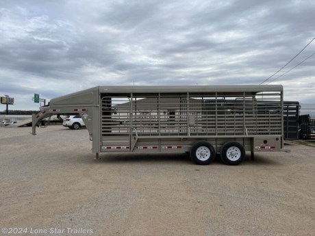 Tandem Axle Gooseneck Stock Trailer 14,000 lbs&lt;br&gt;&lt;br&gt;G.V.W.R. 14,000 lbs.&lt;br&gt;G.A.W.R. 7,000 lbs.&lt;br&gt;AXLES Two 7,000 lb Cambered Axles with elec. Brakes&lt;br&gt;SUSPENSION Torsion&lt;br&gt;TIRE 16&quot; (Spare Tire &amp;amp;Wheel Included)&lt;br&gt;WHEEL ST235/80R16 10 PLY (Spare Tire &amp;amp;Wheel Included)&lt;br&gt;COUPLER 2-5/16&quot; Gooseneck Coupler (25,000 lb)&lt;br&gt;SAFETY CHAINS 3/8&quot; Grd. 70 with safety Latch Hook (2 each)&lt;br&gt;JACK 1) 10,000 lb Drop Leg Jack (up to 24&#39;)&lt;br&gt;NECK 8&quot; Channel Riser &amp;amp; Neck&lt;br&gt;FRAME 11 Ga. Sheet Metal with Angle Iron Reinforcement&lt;br&gt;CROSSMEMBERS 2&quot; x 3&quot; Tubing &amp;amp; Angle Iron 3/16&quot; x 2&quot; x 2&quot;&lt;br&gt;SIDES 6&quot; Metal Slats&lt;br&gt;TOP Aero Nose &amp;amp; Full Metal Top&lt;br&gt;DIVISION GATE 1 Solid Gate 14&#180; to 22&#180; Trailer / 2 Solid Gates 24&#180; to 28&#180; Trailers&lt;br&gt;REAR GATE Full Swing with Half Slider&lt;br&gt;ESCAPE DOOR 36&quot; Side Door (Left Side)&lt;br&gt;FLOOR 2&quot; Treated Pine Lumber Deck&lt;br&gt;LIGHTS D.O.T. Stop, Tail, Turn and Clearance (LED)&lt;br&gt;ELEC. PLUG 7-Way RV&lt;br&gt;FINISH (PREP). Mechanical and/or Chemical Pre-treatment for maximum Paint Adhesion &amp;amp; 1 Coat of Primer&lt;br&gt;FINISH Painted with two Coats Automotive Quality Acrylic Enamel&lt;br&gt;**Sides With 1&quot; x 2&quot; Tubing&lt;br&gt;**Cleated Rubber Floors&lt;br&gt;**Sand color&lt;br&gt;&lt;br&gt;&lt;br&gt;&lt;br&gt;&lt;br&gt;The Advertised Prices DO NOT Include: *Licensing* &amp;amp; Tax&lt;br&gt;Call or stop in today to meet with our family of staff members and get yourself a new trailer @LoneStarTrailers!&lt;br&gt;Call us at: 254-749-2624&lt;br&gt;We have over 200 trailers to choose from. Come in and see us at:&lt;br&gt;6610 N I-35 Lacy Lakeview, TX 76705&lt;br&gt;Visit us on the web: www.lonestartrailers.com&lt;br&gt;Not in the great state of Texas? No Problem! We offer local and nation wide delivery.&lt;br&gt;Store Hours:&lt;br&gt;MON–FRI: 8:00AM-5:00 PM&lt;br&gt;SATURDAY: 9:00AM - 2:00 PM&lt;br&gt;SUNDAY: Closed&lt;br&gt;Remember we handle all your Trailer Sales &amp;amp; Trailer Part Needs!!! Let us help you with servicing your trailer too! It is our pleasure to serve our community of Waco Texas and all of Central Texas!! http://www.lonestartrailers.com/--xInventoryDetail?id=13325479