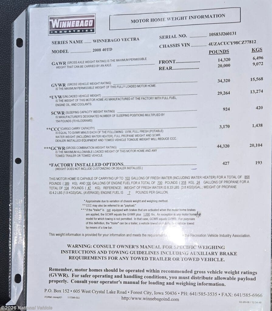 2008 Vectra 40TD by Winnebago from National Vehicle in Moses Lake, Washington