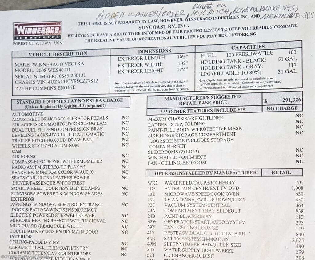 2008 Winnebago Vectra 40TD - Used Class A For Sale by National Vehicle in Moses Lake, Washington