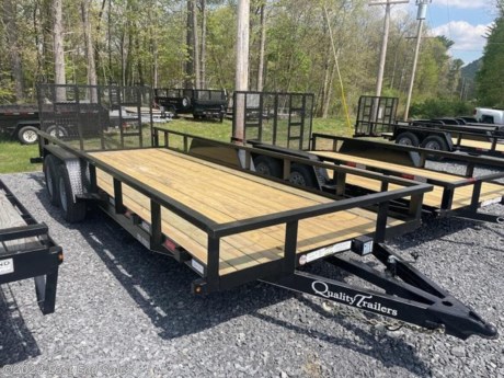 * Treated wood deck\n* Standard 2 ft. dove tail\n* 82in between fenders\n* 5200 lb. braking axles with 4 wheel brakes\n* Double eye spring suspension\n* 225/75 R15 load range E 10 ply rating West Lake Radial tires\n* 4x3x1/4in angle frame\n* 3x2 tubing top rail\n* 3in channel cross members\n* 5in channel wrap-around tongue.\n* 4 ft. full landscape gate (spring-assist standard)\n* 2 5/16in A-frame coupler\n* Swing-up jack\n* Diamond plate fenders with backs\n* Steps in front and behind fenders\n* Stake pockets self charging break away kit safety chains full DOT reflective tape and all rubber mounted LED sealed beam lighting with U.S. made sealed modular harness with 2 year warranty.\n* Primed 2 coats of acrylic enamel pin striped\n\n\nAdditional 3% charge on all card transactions*