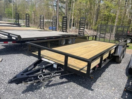 * Treated wood deck\n* Standard 2 ft. dovetail\n* 82in between fenders\n* 4400 lb. braking axles with 4 wheel brakes\n* Double eye spring suspension\n* 225/75 R15 load range E 10 ply rating West Lake Radial tires\n* 3x3x3/16in angle frame\n* 3x2 tubing top rail\n* 3in channel cross members\n* 4in channel wrap-around tongue\n* 4 ft. full landscape gate (spring-assist standard)\n* 2 5/16in A-frame coupler\n* Swing up jack\n* Diamond plate fenders with backs\n* Steps in front and behind fenders\n* Stake pockets self charging break away kit safety chains full DOT reflective tape and sealed modular wiring harness with rubber mounted all LED lighting in enclosed boxes.\n* Primed 2 coats of acrylic enamel pin striped\n\n\nAdditional 3% charge on all card transactions*