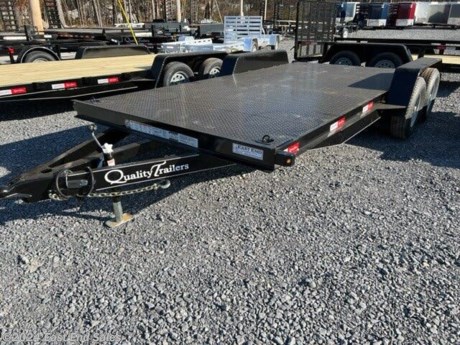 Heavier frame, wrap around channel tongue, swing-up jack, radial tires, rubber mounted sealed beam lighting in enclosed light boxes, conventional wiring with gel filled connectors.
GVWR 10000 lb. – Capacity 8500 lb. with 1500 lb. Hitchload
Must support rear of trailer when loading vehicle over 4,000 lb.
Diamond deck
Standard 4 ft. dove tail
82” between fenders
5200 lb. braking axles with 4 wheel brakes
Double eye spring suspension
225/75 R15 load range D 8 ply rating Castle Rock Radial tires
5” channel frame- channel turned out with 6 D-rings on floor
3? channel cross members – 16” spacing
5” channel wrap-around tongue
5 ft. rear slide-in ladder-style ramps
2 5/16? A-frame coupler
Swing up top wind jack
Diamond plate fenders with backs
Steps in front and behind fenders
D-rings, self charging break away kit, safety chains, skip DOT reflective tape and all rubber mounted sealed beam lighting with conventional wiring with gel filled connectors
Primed, 2 coats of acrylic enamel, pin striped