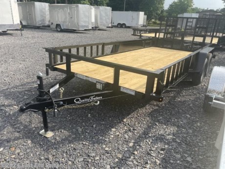 * Treated wood deck\n* 2ft dove tail\*\n* 5200lb. braking axles with 4 wheel brakes\n* Double eye spring suspension\n* 225/75 R15 load range 8 ply rating Castle Rock Radial tires\n* 3x3 angle frame\n* 3in channel cross members\n* 5in channel wrap-around tongue\n* 4 ft. full landscape gate with spring assist\n* Removable ATV side rails\n* 2 5/16in A-frame coupler\n* Top wind jack\n* Diamond plate fenders with backs\n* Steps in front and behind fenders\n* Stake pockets self charging break away kits safety chains skip DOT reflective tape and all rubber mounted sealed beam lighting conventional wiring with gel filled connectors\n* Primed 2 coats of acrylic enamel pin striped\n\nAdditional 3% charge on all card transactions\*