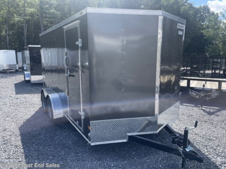 * V front
* Steel frame
* .030 aluminum exterior
* 3500lb EZ lube axles
* Electric brakes on both axles
* 3/4in PlexCore decking
* 3/8in PlexCore sidewall
* 16in crossmember spacing
* 16in vertical post spacing
* 32in side door with bar lock
* Rear ramp door with spring assist
* 6.5&#39; inside height
* 12V LED interior light
* LED lights
* 4 floor mounted D rings
* Smooth aluminum fenders
* 205/75R15 radials
* Steel wheels
* 1 year manufacturer warranty


Additional 3% charge on all card transactions*