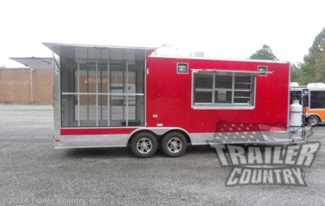 &lt;div&gt;&amp;nbsp;&lt;/div&gt;
&lt;div&gt;
&lt;div&gt;NEW 8.5 X 22&#39; ENCLOSED MOBILE KITCHEN CONCESSION - FOOD VENDING - EVENT CATERING TRAILER w/ SCREENED IN REAR PORCH!&amp;nbsp;&lt;/div&gt;
&lt;div&gt;&amp;nbsp;&lt;/div&gt;
&lt;div&gt;YOU&#39;VE SEEN THE REST...NOW BUY THE BEST!&lt;/div&gt;
&lt;div&gt;&amp;nbsp;&lt;/div&gt;
&lt;div&gt;All American Series Standard Features:&lt;/div&gt;
&lt;div&gt;&amp;nbsp;&lt;/div&gt;
&lt;div&gt;- Heavy Duty Main Frame&lt;/div&gt;
&lt;div&gt;- 14&#39; Box Space (This unit has a 14&#39; Box + V-Nose + upgraded 8&#39; Rear Porch)&lt;/div&gt;
&lt;div&gt;- 1&quot; X 1&quot; Square Tube Wall &amp;amp; Roof Cross members&lt;/div&gt;
&lt;div&gt;- 16&quot; On Center Walls&lt;/div&gt;
&lt;div&gt;- 16&quot; On Center Floors&lt;/div&gt;
&lt;div&gt;- 16&quot; On Center Roof Bows&lt;/div&gt;
&lt;div&gt;- (2) 3,500 lb 4&quot; Drop Spring Axles w/ All Wheel Electric Brakes &amp;amp; EZ LUBE Grease Fittings&lt;/div&gt;
&lt;div&gt;- 36&quot; Side Door with Flush Mounted RV Style Lock (Installed in Driver Side)&lt;/div&gt;
&lt;div&gt;- ATP Diamond Plate Recessed Step-Up in Side door&lt;/div&gt;
&lt;div&gt;- 6&#39;6&quot; Interior Height inside Box Space&lt;/div&gt;
&lt;div&gt;- Galvalume Seamed Roof with Thermo Ply Ceiling Liner&lt;/div&gt;
&lt;div&gt;- 2 5/16&quot; Coupler w/ Snapper Pin&lt;/div&gt;
&lt;div&gt;- Heavy Duty Safety Chains&lt;/div&gt;
&lt;div&gt;- 2K Top-Wind Jack&lt;/div&gt;
&lt;div&gt;- 7-Way Round RV Electrical Wiring Harness w/ Battery Back-Up &amp;amp; Safety Switch&lt;/div&gt;
&lt;div&gt;- 24&quot; ATP Front Stone Guard w/ ATP Nose Cap&lt;/div&gt;
&lt;div&gt;- L.E.D Tail Lighting Package&lt;/div&gt;
&lt;div&gt;- 3/8&quot; Heavy Duty Top Grade Plywood Walls&lt;/div&gt;
&lt;div&gt;- 3/4&quot; Heavy Duty Top Grade Plywood Floors&lt;/div&gt;
&lt;div&gt;- Heavy Duty Smooth Fender Flares&lt;/div&gt;
&lt;div&gt;- Deluxe License Plate Holder&lt;/div&gt;
&lt;div&gt;- Top Quality Exterior Grade Automotive Paint&lt;/div&gt;
&lt;div&gt;- (1) 12-Volt Interior Trailer Light w/ Wall Switch&lt;/div&gt;
&lt;div&gt;- 15&quot; 225-75R15 Radial Tires Deluxe Molded License Plate Holder w/ Tag Light&lt;/div&gt;
&lt;div&gt;- Smooth Polished Front &amp;amp; Rear Corner Caps&lt;/div&gt;
&lt;div&gt;- Modular Wheels&lt;/div&gt;
&lt;div&gt;&amp;nbsp;&lt;/div&gt;
&lt;div&gt;Concession Packages &amp;amp; Upgrades:&lt;/div&gt;
&lt;div&gt;&amp;nbsp;&lt;/div&gt;
&lt;div&gt;- Concession Package ~ 4&#39; Range Hood, Exhaust Fan , 2 Interior Range Lights, Grease Trap on Roof&lt;/div&gt;
&lt;div&gt;- Back Splash Behind Range hood&lt;/div&gt;
&lt;div&gt;- Fire Suppression System ~ Installed in Range hood, w/ Sprinklers, &amp;amp; Pipes, Tank, Pump Filled and Certified&lt;/div&gt;
&lt;div&gt;- Propane Package ~ (1)-100 lb Propane Tank, Regulators, LP Lines and 3 Stub Outs&lt;/div&gt;
&lt;div&gt;- 18&quot; X 18&quot; LP Gas Propane Tank Cage (Curbside V-Nose)&lt;/div&gt;
&lt;div&gt;- Sink Package ~ 3 Stainless Steel Sinks in Stainless Steel Table W/Hardware in Mill Finish, Hand Wash Station, 30 Gallon Fresh Water Tank, 45 Gallon Waste Water Tank, 6 Gallon Hot Water Heater?, 2 Tank Storage Compartments in Floor&lt;/div&gt;
&lt;div&gt;- ?1 ~ 48&quot; x 30&quot; Stainless Steel Work Table 1.5&quot; Riser 16 Gauge Galvanized Shelf in Stainless Steel&lt;/div&gt;
&lt;div&gt;- 1 ~ 18&quot; x 5&#39; Mill Finish Shelf w/ 2&quot; Lip&lt;/div&gt;
&lt;div&gt;- 1 ~ 3&#39; x 6&#39; Concession/Vending Window Glass &amp;amp; Screen&lt;/div&gt;
&lt;div&gt;- 1 ~ 9&#39; x 18&quot; Serving Table/ Base Cabinet Mounted Under Concession Window (2 Doors + 4 Centered Drawers - in Victory Red Metal)&lt;/div&gt;
&lt;div&gt;- 1 ~ Over Head Cabinet- Mounted in V-Nose (In Victory Red Metal)&lt;/div&gt;
&lt;div&gt;- ATP (Aluminum Tread Plate) - Flooring On 8&#39; Porch&lt;/div&gt;
&lt;div&gt;- RTP (Rubber Tread Plate) Flooring in Interior 14&#39; Box Space&lt;/div&gt;
&lt;div&gt;- White Metal Ceiling and Walls w/Ceiling Liner&lt;/div&gt;
&lt;div&gt;- Insulated Walls &amp;amp; Ceiling in 14&#39; Box Space&lt;/div&gt;
&lt;div&gt;- 50 AMP Upgraded Electrical Package ~ 125 Amp Panel Box w/50&#39; Life Line, 4~110 Volt Interior Recepts, 4~4&#39; Florescent Shop Lights(2 Inside Box and 2 Rear Porch, 50 AMP Main Breaker, 2~Exterior GFI Outlets&lt;/div&gt;
&lt;div&gt;- 3 ~ Additional 110 Volt Interior Recepts through out unit. (Total of 7)&lt;/div&gt;
&lt;div&gt;- 1 ~ Additional Exterior GFI (Total of 3)&lt;/div&gt;
&lt;div&gt;- Solid Rear Wall at End of 14&#39; Enclosed Box Space (ilo of Rear Ramp)&lt;/div&gt;
&lt;div&gt;- 8&#39; Rear Porch Option&lt;/div&gt;
&lt;div&gt;- Upgrade: Screened Enclosure on 8&#39; Rear Porch&lt;/div&gt;
&lt;div&gt;- 2 ~ Gull Wing Doors - One on each side of Rear Porch (approx 7&#39; long)&lt;/div&gt;
&lt;div&gt;- Split Rear Double Doors w/Gull Wing Top&amp;nbsp;&lt;/div&gt;
&lt;div&gt;- Touring Package ~ 12&quot; Polished Sides &amp;amp; Rear ATP&lt;/div&gt;
&lt;div&gt;- Upgrade: 2~ Vertical Windows(1 in 32&quot; Rear Access RV Door and 1 in 36&quot; Side RV Door)&lt;/div&gt;
&lt;div&gt;- Extra 32&quot; RV Door in Rear Center Wall on Rear Porch to Access 14&#39; Box Space&lt;/div&gt;
&lt;div&gt;- 2 ~ 5,200 lb 4&quot; Drop Spring Axles w/ All Wheel Electric Brakes &amp;amp; EZ LUBE Grease Fittings&lt;/div&gt;
&lt;div&gt;- A/C Unit ~ Pre-wire &amp;amp; Brace, (13,500 BTU Unit w/ Heat Strip)&lt;/div&gt;
&lt;div&gt;- 12&quot; Added Interior Height (total 7&#39;6&quot; Interior Height)&lt;/div&gt;
&lt;div&gt;- .030 Upgraded Exterior Metal - Victory Red&lt;/div&gt;
&lt;div&gt;- 2 ~ 110 Volt Loading Lights w/ Switch (One on each side of Concession Window- Exterior)&lt;/div&gt;
&lt;div&gt;- 3&#39; x 3&#39; Front Access Door (Driver Side V-Nose)&lt;/div&gt;
&lt;div&gt;- Steel Pull Out Ramps (Recess Under Deck to load Smoker onto Porch)&lt;/div&gt;
&lt;div&gt;- No Beaver Tail - Straight Deck&lt;/div&gt;
&lt;div&gt;- 1 ~ Pair Rear Stabilizer Jacks&amp;nbsp;&lt;/div&gt;
&lt;/div&gt;
&lt;p&gt;* * N.A.T.M. Inspected and Certified * *&lt;br /&gt;* * Manufacturers Title and 5 Year Limited Warranty Included * *&lt;br /&gt;* * PRODUCT LIABILITY INSURANCE * *&lt;br /&gt;* * FINANCING IS AVAILABLE W/ APPROVED CREDIT * *&lt;/p&gt;
&lt;p&gt;&lt;br /&gt;Trailer is offered @ factory direct pick up in Willacoochee, GA...We also offer Nationwide Delivery, please contact us for more information.&lt;br /&gt;CALL: 888-710-2112&lt;/p&gt;