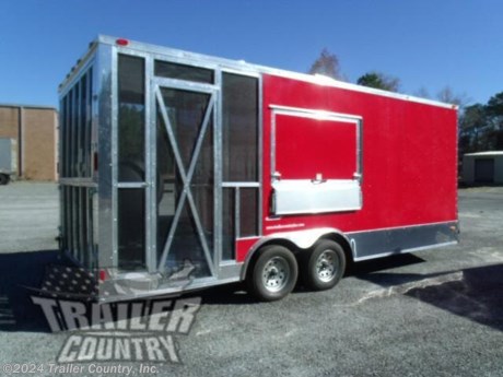&lt;div&gt;NEW 8.5 X 20&#39; V-NOSED ENCLOSED CONCESSION TRAILER w/COVERED PORCH !&lt;/div&gt;
&lt;div&gt;&amp;nbsp;&lt;/div&gt;
&lt;div&gt;Up for your consideration is a Brand New Heavy Duty Elite Series Model 8.5 x 20 V-Nosed Enclosed, Tandem Axle, Porch Trailer w/ Concession Options &amp;amp; Upgrades.&lt;/div&gt;
&lt;div&gt;&amp;nbsp;&lt;/div&gt;
&lt;div&gt;YOU&#39;VE SEEN THE REST...NOW BUY THE BEST!&lt;/div&gt;
&lt;div&gt;&amp;nbsp;&lt;/div&gt;
&lt;div&gt;Elite Series Standard Features:?&lt;/div&gt;
&lt;div&gt;&amp;nbsp;&lt;/div&gt;
&lt;div&gt;- Heavy Duty 6&quot; I-Beam Main Frame w/ 2&quot; x 6&quot; Square Tube&lt;/div&gt;
&lt;div&gt;- Heavy Duty 1&quot; x 1 1/2&quot; Square Tubular Wall Studs &amp;amp; Roof Bows&lt;/div&gt;
&lt;div&gt;- 14&#39; Box Space + 8&#39; Covered Utility Porch (Total 22&#39; Overall)&lt;/div&gt;
&lt;div&gt;- 16&quot; On Center Walls&lt;/div&gt;
&lt;div&gt;- 16&quot; On Center Floors&lt;/div&gt;
&lt;div&gt;- 16&quot; On Center Roof Bows&lt;/div&gt;
&lt;div&gt;- Complete Braking System (Electric Brakes on both axles, Battery Back-Up, &amp;amp; Safety Switch)&lt;/div&gt;
&lt;div&gt;- (2) 3,500 lb 4&quot; &quot;Dexter&quot; Drop Axles w/ EZ LUBE Grease Fittings (Self Adjusting Brakes Axles)&lt;/div&gt;
&lt;div&gt;- 32&quot; Side Door with Bar Lock on Driver Side&amp;nbsp;&lt;/div&gt;
&lt;div&gt;- 6&#39;6&quot; Interior Height&lt;/div&gt;
&lt;div&gt;- Triple Tube Tongue&lt;/div&gt;
&lt;div&gt;- Galvalume Seamed Roof w/ Thermo Ply Ceiling Liner&lt;/div&gt;
&lt;div&gt;- 2 5/16&quot; Coupler w/ Snapper Pin&lt;/div&gt;
&lt;div&gt;- Heavy Duty Safety Chains&lt;/div&gt;
&lt;div&gt;- 7-Way Round RV Style Wiring Harness Plug&lt;/div&gt;
&lt;div&gt;- 3/8&quot; Heavy Duty Top Grade Plywood Walls&lt;/div&gt;
&lt;div&gt;- 3/4&quot; Heavy Duty Top Grade Plywood Floors&lt;/div&gt;
&lt;div&gt;- Smooth Teardrop Style Fender Flares&lt;/div&gt;
&lt;div&gt;- 2,000 lb A-Frame Top Wind Jack&lt;/div&gt;
&lt;div&gt;- Top Quality Exterior Grade Paint&lt;/div&gt;
&lt;div&gt;- (1) Non-Powered Interior Roof Vent&lt;/div&gt;
&lt;div&gt;- (1) 12 Volt Interior Trailer Dome Light w/ Wall Switch&lt;/div&gt;
&lt;div&gt;- 24&quot; Diamond Plate ATP Front Stone Guard&amp;nbsp;&lt;/div&gt;
&lt;div&gt;- 15&quot; Radial (ST20575R15) Tires &amp;amp; Wheels&lt;/div&gt;
&lt;div&gt;- Exterior L.E.D. Lighting Package&lt;/div&gt;
&lt;div&gt;&amp;nbsp;&lt;/div&gt;
&lt;div&gt;Concession Options &amp;amp; Upgrades:&lt;/div&gt;
&lt;div&gt;&amp;nbsp;&lt;/div&gt;
&lt;div&gt;- Concession Package - (6&#39; Range Hood, Air Flow Blower, 2 Interior Range Lights, Grease Trap on Roof).&amp;nbsp;&lt;/div&gt;
&lt;div&gt;- 1 - 3&#39; x 5&#39; Concession/Vending Window w/Glass &amp;amp; Screens Mounted on Curbside of Trailer&lt;/div&gt;
&lt;div&gt;- 1 - 12&quot; x 5&#39; Exterior Serving Tray Mounted Under Concession Window w/ Drop Brackets)&lt;/div&gt;
&lt;div&gt;- ?1 - 24&quot; x 5&#39; Base Cabinet Installed Interior of Trailer Under Concession Window&lt;/div&gt;
&lt;div&gt;- Sink Package - 3 Stainless Steel Sinks in Stainless Steel Table w/ Hardware in Mill Finish, 28 Gallon Fresh Water Tank, 35 Gallon Waste Water Tank, 6 Gallon Hot Water Heater w/ Handwash Station in Cabinet.&lt;/div&gt;
&lt;div&gt;&amp;nbsp;&lt;/div&gt;
&lt;div&gt;Appliances:&lt;/div&gt;
&lt;div&gt;&amp;nbsp;&lt;/div&gt;
&lt;div&gt;- 1 - 30&quot; X 30&quot; Work Table 16/300 Stainless Steel w/ Galvanized Under shell&lt;/div&gt;
&lt;div&gt;- Charcoal Grill (Installed on Rear)&amp;nbsp;&lt;/div&gt;
&lt;div&gt;- A/C Unit- Pre-wire &amp;amp; Brace in place of Standard Roof Vent (13,500 BTU w/ Heat Strip)&lt;/div&gt;
&lt;div&gt;- Electrical Package ~ (100 Amp Panel Box w/Life Line, 2-110 Volt Interior Recepts, 2-4&#39; 12 Volt L.E.D. Strip Lights w/ Battery&lt;/div&gt;
&lt;div&gt;- 1 - Additional 4 Fluorescent Shop Lights (Installed in Porch Roof)&lt;/div&gt;
&lt;div&gt;- 1 - Exterior GFI Outlet&lt;/div&gt;
&lt;div&gt;- 4 - Additional -110 Volt Interior Recepts&lt;/div&gt;
&lt;div&gt;- Black &amp;amp; White Checkered Flooring on Trailer Interior&amp;nbsp;&lt;/div&gt;
&lt;div&gt;- White Metal Walls &amp;amp; Ceiling Liner on Trailer Interior&lt;/div&gt;
&lt;div&gt;- Insulated Walls &amp;amp; Ceiling&lt;/div&gt;
&lt;div&gt;&amp;nbsp;&lt;/div&gt;
&lt;div&gt;Rear Porch Option &amp;amp; Upgrades:&lt;/div&gt;
&lt;div&gt;&amp;nbsp;&lt;/div&gt;
&lt;div&gt;- 6&#39; Covered Rear Porch Option&lt;/div&gt;
&lt;div&gt;- Upgraded Mill Finish Ceiling in Porch Area&lt;/div&gt;
&lt;div&gt;- Screened in 6&#39; Rear Porch on Trailer Rear w/ Screen Door&lt;/div&gt;
&lt;div&gt;- 3/4&quot; Pressure Treated Plywood Floor w/ATP Aluminum Tread Plate Flooring in Rear Porch Area Only&lt;/div&gt;
&lt;div&gt;- Solid Rear Wall in Box Space&lt;/div&gt;
&lt;div&gt;- 6&quot; Rear Access Door to Rear Porch&lt;/div&gt;
&lt;div&gt;&amp;nbsp;&lt;/div&gt;
&lt;div&gt;Additional Upgrades:&lt;/div&gt;
&lt;div&gt;&amp;nbsp;&lt;/div&gt;
&lt;div&gt;- Straight Deck (NO Dove/Beavertail)&lt;/div&gt;
&lt;div&gt;- Extended Tongue&lt;/div&gt;
&lt;div&gt;- Upgraded .030 Red Metal Exterior -(on 14&#39; Box)&lt;/div&gt;
&lt;div&gt;- 12&quot; Additional Interior Height (approx. total interior height 7&#39;6&quot;)&lt;/div&gt;
&lt;div&gt;- Side Door Relocated to Driver Side 24&quot; from Front Corner&lt;/div&gt;
&lt;div&gt;&amp;nbsp;&lt;/div&gt;
&lt;p&gt;* * N.A.T.M. Inspected and Certified * *&lt;br /&gt;* * Manufacturers Title and 5 Year Limited&amp;nbsp;Warranty Included * *&lt;br /&gt;* * PRODUCT LIABILITY INSURANCE * *&lt;br /&gt;* * FINANCING IS AVAILABLE W/ APPROVED CREDIT * *&lt;/p&gt;
&lt;p&gt;Trailer is offered @ factory direct pick up in Willacoochee, GA...We also offer Nationwide Delivery, please contact us for more information.&lt;br /&gt;CALL: 888-710-2112&lt;/p&gt;