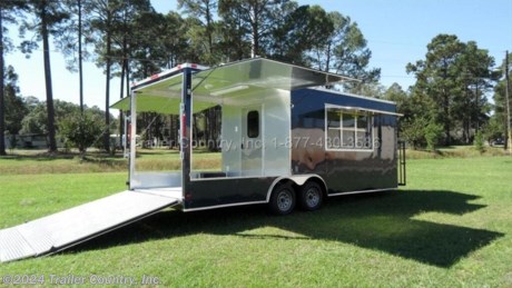 &lt;p&gt;&lt;strong&gt;&lt;span style=&quot;text-decoration: underline;&quot;&gt;NEW 8.5 X 22 ENCLOSED CONCESSION TRAILER w/ 8&#39; Porch&amp;nbsp;~ Deck&lt;/span&gt;&lt;/strong&gt;&lt;/p&gt;
&lt;p&gt;Up for your consideration is a Brand New 8.5x22 Tandem Axle, Enclosed Concession/Food Vending Cargo Trailer w/ Rear Cooking Area.&lt;/p&gt;
&lt;p&gt;&lt;strong&gt;NOW WITH&amp;nbsp;&lt;span style=&quot;text-decoration: underline;&quot;&gt;L.E.D. STRIP TAIL LIGHTING PACKAGE&lt;/span&gt;&amp;nbsp;&lt;/strong&gt;&lt;strong&gt;+&lt;/strong&gt;&lt;strong&gt;&amp;nbsp;ALL the other&amp;nbsp;&lt;span style=&quot;text-decoration: underline;&quot;&gt;TOP QUALITY FEATURES&lt;/span&gt;&amp;nbsp;listed in ad!&lt;/strong&gt;&lt;/p&gt;
&lt;p&gt;&lt;strong&gt;&lt;span style=&quot;text-decoration: underline;&quot;&gt;Standard Elite Features&lt;/span&gt;&lt;/strong&gt;&lt;strong&gt;:&lt;/strong&gt;&lt;/p&gt;
&lt;ul&gt;
&lt;li&gt;Heavy Duty&amp;nbsp;6&quot; I Beam Main Frame&amp;nbsp;&lt;/li&gt;
&lt;li&gt;2&quot;x 6&quot; Triple Tube Tongue&lt;/li&gt;
&lt;li&gt;Heavy Duty&amp;nbsp;1&quot; x 1&quot; Square&amp;nbsp;Tubular Wall Studs&amp;nbsp;&lt;em&gt;&amp;amp;&amp;nbsp;&lt;/em&gt;Roof Bows&lt;/li&gt;
&lt;li&gt;22&#39; Box Space + V-Nose (This unit has an 14&#39; Cabin+ V-nose and an 8&#39; Rear Porch)&lt;/li&gt;
&lt;li&gt;16&quot; On Center Walls, Floors, and Roof Bows&lt;/li&gt;
&lt;li&gt;Complete Braking System (Electric Brakes on&amp;nbsp;&lt;em&gt;both&lt;/em&gt;&amp;nbsp;axles, Battery Back-Up, &amp;amp; Safety Switch)&lt;/li&gt;
&lt;li&gt;(2) 5,200lb 4&quot; Drop Axles w/ EZ LUBE Grease Fittings&lt;/li&gt;
&lt;li&gt;32&quot; Side Door with&amp;nbsp;Bar Lock on Driver Side&lt;/li&gt;
&lt;li&gt;6&#39;6&quot; Interior Height&lt;/li&gt;
&lt;li&gt;Galvalume Seamed Roof with Thermo Ply Ceiling Liner&lt;/li&gt;
&lt;li&gt;2 5/16&quot; Coupler w/ Snapper Pin&lt;/li&gt;
&lt;li&gt;Heavy Duty Safety Chains&lt;/li&gt;
&lt;li&gt;7-Way Round RV Style Wiring Harness Plug&lt;/li&gt;
&lt;li&gt;3/8&quot; Heavy Duty Top Grade Plywood Walls&lt;/li&gt;
&lt;li&gt;3/4&quot; Heavy Duty Top Grade Plywood Floors&amp;nbsp;&lt;/li&gt;
&lt;li&gt;Smooth Teardrop Style Fender Flares&lt;/li&gt;
&lt;li&gt;2K A-Frame Top Wind Jack&lt;/li&gt;
&lt;li&gt;Top Quality Exterior Grade Paint&lt;/li&gt;
&lt;li&gt;(1) Non-Powered Interior Roof Vent&lt;/li&gt;
&lt;li&gt;(2) 12 Volt Interior Trailer Dome Light w/ Wall Switch&lt;/li&gt;
&lt;li&gt;24&quot;&amp;nbsp;Diamond Plate ATP Front Stone Guard and V-Nose Cap&amp;nbsp;&lt;/li&gt;
&lt;li&gt;15&quot; Radial (ST22575R15) Tires &amp;amp; Wheels&lt;/li&gt;
&lt;li&gt;L.E.D. Tail Lighting Package&lt;/li&gt;
&lt;/ul&gt;
&lt;p&gt;&lt;span style=&quot;text-decoration: underline;&quot;&gt;&lt;strong&gt;&lt;em&gt;Concession Package &amp;amp; Upgrades&lt;/em&gt;&lt;/strong&gt;&lt;/span&gt;&lt;/p&gt;
&lt;ul&gt;
&lt;li&gt;&lt;em&gt;2&lt;/em&gt;- Gull Wing Doors - One on each Side of Porch (approx each&amp;nbsp;7&#39; long) These Doors Close to Enclosed the Porch and Open like Concessions Doors to use as an awning.&lt;/li&gt;
&lt;li&gt;8&#39; Rear Porch&lt;/li&gt;
&lt;li&gt;Mill Finish&amp;nbsp; Metal Walls &amp;amp; Ceiling Throughout Trailer Interior&lt;/li&gt;
&lt;li&gt;Insulated Walls &amp;amp; Ceiling in 14&#39; Cabin&lt;/li&gt;
&lt;li&gt;ATP -Diamond Plate Floor on Porch, Ramp, and Ramp Flap&lt;/li&gt;
&lt;li&gt;RTP -Rubber Tread Plate on 14&#39; Interior Cabin&lt;/li&gt;
&lt;li&gt;3&#39; x 6&#39; Concession/Vending Window w/Glass &amp;amp; Screens&lt;/li&gt;
&lt;li&gt;8&#39;&amp;nbsp;Mill Finish Base Cabinet Under Concession Window&amp;nbsp;&lt;/li&gt;
&lt;li&gt;3&#39; x 3&#39; Front Access Door (Driver Side V-Nose)&lt;/li&gt;
&lt;li&gt;12&quot; Extra Interior Height (7&#39; 6&quot;&amp;nbsp;Total Interior Height)&lt;/li&gt;
&lt;li&gt;Upgraded 50 AMP Electrical Package ~ includes:&amp;nbsp;&lt;em&gt;100 AMP Panel Box ,&lt;/em&gt;w/50 AMP Life Line, 50&amp;nbsp;AMP Main Breaker,&lt;em&gt;4&lt;/em&gt;-110 Volt Interior Recepts,&amp;nbsp;&lt;em&gt;4&lt;/em&gt;-4&#39; Florescent Shop Lights 2 Inside Cabin &amp;amp; 2 on Rear Porch, 2 Exterior GFI Outlets.&lt;/li&gt;
&lt;li&gt;Pair Rear Stabilizer Jacks&lt;/li&gt;
&lt;li&gt;Sink Package ~ 3 Deep Square Stainless Steel Sinks W/Hardware, Cabinet, Handwash Station, 27 Gallon Fresh Water Tank, 35 Gallon Waste Water Tank, &amp;amp; 6 Gallon Hot Water Heater&amp;nbsp;&lt;/li&gt;
&lt;li&gt;Concession Package- 4&#39; Hood Range, Exhaust Fan,&amp;nbsp;Grease Trap on Roof (No Fire Supression System)&lt;/li&gt;
&lt;li&gt;Back Splash Behind Rangehood&lt;/li&gt;
&lt;li&gt;Relocated 36&quot; RV Side Door to Driver Side&lt;/li&gt;
&lt;li&gt;Extra 32&quot; x 75&quot; RV Door in Center of Rear Porch to Cabin Access&lt;/li&gt;
&lt;li&gt;2- Verticle Windows (One in each Rv Door)&lt;/li&gt;
&lt;li&gt;13,500 BTU A/C Unit w/ Heat Strip&lt;/li&gt;
&lt;li&gt;18&quot; x 18&quot; LP Gas Cage Curbside of V-Nose&lt;/li&gt;
&lt;/ul&gt;
&lt;p&gt;* * Manufacturers Title and Limited Warranty Included * *&lt;br /&gt;* * PRODUCT LIABILITY INSURANCE * *&lt;br /&gt;* * FINANCING IS AVAILABLE W/ APPROVED CREDIT * *&lt;/p&gt;
&lt;p&gt;&lt;br /&gt;Trailer is offered @ factory direct pick up in Pearson, GA...We also offer Nationwide Delivery, please contact us for more information.&lt;br /&gt;CALL: 888-710-2112&lt;br /&gt;&amp;nbsp;&lt;/p&gt;