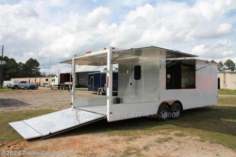 &lt;p&gt;&lt;span style=&quot;text-decoration: underline;&quot;&gt;&lt;strong&gt;NEW 8.5 X 26 ENCLOSED CONCESSION TRAILER w/ 8&#39; Porch&amp;nbsp;~ Deck&lt;/strong&gt;&lt;/span&gt;&lt;/p&gt;
&lt;p&gt;Up for your consideration is a Brand New 8.5x26 Tandem Axle, Enclosed Concession/Food Vending Cargo Trailer w/ Rear Cooking Area.&lt;/p&gt;
&lt;p&gt;&lt;strong&gt;NOW WITH&amp;nbsp;&lt;span style=&quot;text-decoration: underline;&quot;&gt;L.E.D. STRIP TAIL LIGHTING PACKAGE&lt;/span&gt;&amp;nbsp;&lt;/strong&gt;&lt;strong&gt;+&lt;/strong&gt;&lt;strong&gt;&amp;nbsp;ALL the other&amp;nbsp;&lt;span style=&quot;text-decoration: underline;&quot;&gt;TOP QUALITY FEATURES&lt;/span&gt;&amp;nbsp;listed in ad!&lt;/strong&gt;&lt;/p&gt;
&lt;p&gt;&lt;strong&gt;&lt;span style=&quot;text-decoration: underline;&quot;&gt;Standard All American Series Features&lt;/span&gt;&lt;/strong&gt;&lt;strong&gt;:&lt;/strong&gt;&lt;/p&gt;
&lt;ul&gt;
&lt;li&gt;Heavy Duty&amp;nbsp;6&quot; I Beam Main Frame&amp;nbsp;&lt;/li&gt;
&lt;li&gt;2&quot;x 6&quot; Triple Tube Tongue&lt;/li&gt;
&lt;li&gt;Heavy Duty&amp;nbsp;1&quot; x 1&quot; Square&amp;nbsp;Tubular Wall Studs&amp;nbsp;&lt;em&gt;&amp;amp;&amp;nbsp;&lt;/em&gt;Roof Bows&lt;/li&gt;
&lt;li&gt;26&#39; Box Space + V-Nose (This unit has an 18&#39; Cabin+ V-nose and an 8&#39; Rear Porch)&lt;/li&gt;
&lt;li&gt;16&quot; On Center Walls, Floors, and Roof Bows&lt;/li&gt;
&lt;li&gt;Complete Braking System (Electric Brakes on&amp;nbsp;&lt;em&gt;both&lt;/em&gt;&amp;nbsp;axles, Battery Back-Up, &amp;amp; Safety Switch)&lt;/li&gt;
&lt;li&gt;(2) 3,500lb 4&quot; Drop Axles w/ EZ LUBE Grease Fittings&lt;/li&gt;
&lt;li&gt;32&quot; Side Door with&amp;nbsp;Bar Lock on Driver Side&lt;/li&gt;
&lt;li&gt;6&#39;6&quot; Interior Height&lt;/li&gt;
&lt;li&gt;Galvalume Seamed Roof with Thermo Ply Ceiling Liner&lt;/li&gt;
&lt;li&gt;2 5/16&quot; Coupler w/ Snapper Pin&lt;/li&gt;
&lt;li&gt;Heavy Duty Safety Chains&lt;/li&gt;
&lt;li&gt;7-Way Round RV Style Wiring Harness Plug&lt;/li&gt;
&lt;li&gt;3/8&quot; Heavy Duty Top Grade Plywood Walls&lt;/li&gt;
&lt;li&gt;3/4&quot; Heavy Duty Top Grade Plywood Floors&amp;nbsp;&lt;/li&gt;
&lt;li&gt;Smooth Teardrop Style Fender Flares&lt;/li&gt;
&lt;li&gt;2K A-Frame Top Wind Jack&lt;/li&gt;
&lt;li&gt;Top Quality Exterior Grade Paint&lt;/li&gt;
&lt;li&gt;(1) Non-Powered Interior Roof Vent&lt;/li&gt;
&lt;li&gt;(2) 12 Volt Interior Trailer Dome Light w/ Wall Switch&lt;/li&gt;
&lt;li&gt;24&quot;&amp;nbsp;Diamond Plate ATP Front Stone Guard and V-Nose Cap&amp;nbsp;&lt;/li&gt;
&lt;li&gt;15&quot; Radial (ST20575R15) Tires &amp;amp; Wheels&lt;/li&gt;
&lt;li&gt;L.E.D. Tail Lighting Package&lt;/li&gt;
&lt;/ul&gt;
&lt;p&gt;&lt;span style=&quot;text-decoration: underline;&quot;&gt;&lt;strong&gt;&lt;em&gt;Concession Package &amp;amp; Upgrades&lt;/em&gt;&lt;/strong&gt;&lt;/span&gt;&lt;/p&gt;
&lt;p&gt;(This unit has an 18&#39; Cabin+ V-nose and an 8&#39; Rear Porch)&lt;/p&gt;
&lt;ul&gt;
&lt;li&gt;&lt;em&gt;2&lt;/em&gt;- Gull Wing Doors - One on each Side of Porch (approx each&amp;nbsp;7&#39; long) These Doors Close to Enclosed the Porch and Open like Concessions Doors to use like an awning.&lt;/li&gt;
&lt;li&gt;8&#39; Rear Porch&lt;/li&gt;
&lt;li&gt;Mill Finish Walls &amp;amp; Ceiling Throughout Trailer Interior&lt;/li&gt;
&lt;li&gt;Insulated Walls &amp;amp; Ceiling in 18&#39; Cabin&lt;/li&gt;
&lt;li&gt;ATP -Diamond Plate Floor on Porch Ramp and Ramp DFlap&lt;/li&gt;
&lt;li&gt;RTP -Rubber Tread Plate on 18&#39; Interior Cabin&lt;/li&gt;
&lt;li&gt;4&#39; x 8&#39; Concession/Vending Window w/out Glass or Screens&amp;nbsp;(Curbside of Trailer 16&quot; from Rear Wall)&lt;/li&gt;
&lt;li&gt;3&#39; x 3&#39; Front Access Door (Driver Side V-Nose)&lt;/li&gt;
&lt;li&gt;Upgraded 5,200 lb &quot;Al-Ko Leaf Spring Drop Axles w/ 22575D15 Bias Ply Tires on Silver Modular Wheels&lt;/li&gt;
&lt;li&gt;6&quot; Extra Interior Height (7&#39; Total Interior Height)&lt;/li&gt;
&lt;li&gt;Upgraded 50 AMP Electrical Package ~ includes:&amp;nbsp;&lt;em&gt;125 AMP Panel Box ,&lt;/em&gt;w/50 AMP Life Line, 50&amp;nbsp;AMP Main Breaker,&lt;em&gt;4&lt;/em&gt;-110 Volt Interior Recepts,&amp;nbsp;&lt;em&gt;4&lt;/em&gt;-4&#39; Florescent Shop Lights 2 Inside Cabin &amp;amp; 2 on Rear Porch, 2 Exterior GFI Outlets.&lt;/li&gt;
&lt;li&gt;Pair Rear Stabilizer Jacks&lt;/li&gt;
&lt;li&gt;2- 27&quot; x 56&quot; Water Tank Compartments in Floor (Compartments only Tanks not Included)&lt;/li&gt;
&lt;li&gt;Relocated 36&quot; Side Door moved to Driver Side&lt;/li&gt;
&lt;li&gt;Extra 32&quot; x 75&quot; RV Door in Center of Rear Porch to Cabin Access&lt;/li&gt;
&lt;li&gt;2- Vertical&amp;nbsp;Windows (One in each Rv Door)&amp;nbsp;&lt;/li&gt;
&lt;li&gt;13,500&amp;nbsp;BTU&amp;nbsp; A/C Unit w/ Heat Strip&lt;/li&gt;
&lt;/ul&gt;
&lt;p&gt;* * Manufacturers Title and Limited Warranty Included * *&lt;br /&gt;* * PRODUCT LIABILITY INSURANCE * *&lt;br /&gt;* * FINANCING IS AVAILABLE W/ APPROVED CREDIT * *&lt;/p&gt;
&lt;p&gt;&lt;br /&gt;Trailer is offered @ factory direct pick up in Pearson, GA...We also offer Nationwide Delivery, please contact us for more information.&lt;br /&gt;CALL: 888-710-2112&lt;br /&gt;&amp;nbsp;&lt;/p&gt;