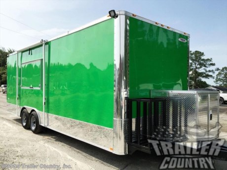 &lt;div&gt;NEW 8.5 X 24&#39;ENCLOSED MOBILE KITCHEN CONCESSION - FOOD VENDING - EVENT CATERING TRAILER!&lt;/div&gt;
&lt;div&gt;&amp;nbsp;&lt;/div&gt;
&lt;div&gt;Up for your consideration is a Brand New Heavy Duty Elite Series Model 8.5 x 24 Tandem Axle, Enclosed Trailer w/ Vending Packages, Bathroom, &amp;amp; Equipment.&lt;/div&gt;
&lt;div&gt;&amp;nbsp;&lt;/div&gt;
&lt;div&gt;YOU&#39;VE SEEN THE REST...NOW BUY THE BEST!&lt;/div&gt;
&lt;div&gt;&amp;nbsp;&lt;/div&gt;
&lt;div&gt;Elite Series Standard Features:&lt;/div&gt;
&lt;div&gt;&amp;nbsp;&lt;/div&gt;
&lt;div&gt;- Heavy Duty 6&quot; I Beam Main Frame w/ 2&quot;X6&quot; Square Tube&lt;/div&gt;
&lt;div&gt;- 24&#39; Box Space&lt;/div&gt;
&lt;div&gt;- 1&quot; X 1 1/2&quot; Square Tube Wall &amp;amp; Roof Cross members&lt;/div&gt;
&lt;div&gt;- 16&quot; On Center Walls&lt;/div&gt;
&lt;div&gt;- 16&quot; On Center Floors&lt;/div&gt;
&lt;div&gt;- 16&quot; On Center Roof Bows&lt;/div&gt;
&lt;div&gt;- (2) 5,200 lb &quot; DEXTER&quot; SPRING Axles w/ All Wheel Electric Brakes &amp;amp; EZ LUBE Grease Fittings&lt;/div&gt;
&lt;div&gt;- 36&quot; Piano Hinge Side Door with Flush Mounted RV Style Lock (Installed in V-Nose Passenger Side)&lt;/div&gt;
&lt;div&gt;- ATP Diamond Plate Recessed Step-Up in Side door&lt;/div&gt;
&lt;div&gt;- 6&#39; 6&quot; Interior Height inside Box Space&lt;/div&gt;
&lt;div&gt;- Galvalume Seamed Roof w/ Thermo Ply Ceiling Liner&lt;/div&gt;
&lt;div&gt;- 2 5/16&quot; Coupler w/ Snapper Pin&lt;/div&gt;
&lt;div&gt;- Heavy Duty Safety Chains&lt;/div&gt;
&lt;div&gt;- 2 K Top-Wind Jack&lt;/div&gt;
&lt;div&gt;- 7-Way Round RV Electrical Wiring Harness w/ Battery Back-Up &amp;amp; Safety Switch&lt;/div&gt;
&lt;div&gt;- 24&quot; ATP Front Stone Guard w/ ATP Nose Cap&lt;/div&gt;
&lt;div&gt;- Exterior L.E.D Lighting Package&lt;/div&gt;
&lt;div&gt;- 3/8&quot; Heavy Duty Top Grade Plywood Walls&lt;/div&gt;
&lt;div&gt;- 3/4&quot; Heavy Duty Top Grade Plywood Floors&lt;/div&gt;
&lt;div&gt;- Heavy Duty Smooth Fender Flares&lt;/div&gt;
&lt;div&gt;- Deluxe License Plate Holder&lt;/div&gt;
&lt;div&gt;- Top Quality Exterior Grade Automotive Paint&lt;/div&gt;
&lt;div&gt;- (1) 12-Volt Interior Trailer Light w/ Wall Switch&lt;/div&gt;
&lt;div&gt;- 15&quot; 225-75R15 Radial Tires&lt;/div&gt;
&lt;div&gt;- Smooth Polished Front &amp;amp; Rear Corner Caps&lt;/div&gt;
&lt;div&gt;- Modular Wheels&lt;/div&gt;
&lt;div&gt;&amp;nbsp;&lt;/div&gt;
&lt;div&gt;Concession Packages &amp;amp; Upgrades:&lt;/div&gt;
&lt;div&gt;&amp;nbsp;&lt;/div&gt;
&lt;div&gt;- Concession Package - 8&#39; Hood Range, Air Flow Blower, 2 Interior Range Lights, Grease Trap on Roof, (No Fire Suppression System)&lt;/div&gt;
&lt;div&gt;- Stainless Steel Vending Equipment Includes:&lt;/div&gt;
&lt;div&gt;- 1 ~ 60&quot; Restaurant Gas Range w/ 6 Burners, 2 Ovens, &amp;amp; 24&quot; Griddle&lt;/div&gt;
&lt;div&gt;?- 1 ~ 60&quot; 16 Pan Sandwich Prep Station&lt;/div&gt;
&lt;div&gt;- 1 ~ 20 Cu. Ft. Reach In Freezer&lt;/div&gt;
&lt;div&gt;- 1 ~ 49 Cu. Ft. 2 Door Stainless Fridge&lt;/div&gt;
&lt;div&gt;- 1 ~ 3&#39; x 6&#39; Concession/Vending Window w/Sliding Glass Inserts &amp;amp; Screen&lt;/div&gt;
&lt;div&gt;- 1 ~ 6&#39; Base Cabinet Mounted Under Concession Window (2 Doors &amp;amp; 4 Centered Drawers - in Mill Finish&lt;/div&gt;
&lt;div&gt;- 1 ~&amp;nbsp; 10&#39; Over Head Cabinets- Mounted just Past 36&quot; Side Door on Driver side of Trailer&lt;/div&gt;
&lt;div&gt;- A/C Unit, Pre-wire &amp;amp; Brace, (13,500 BTU Unit w/ Heat Strip)&lt;/div&gt;
&lt;div&gt;- Sink Package ~ 3 Stainless Steel Sinks in Stainless Steel Table W/Hardware in Mill Finish, Hand Wash Station, 28 Gallon Fresh Water Tank, 30 Gallon Waste Water Tank, &amp;amp; 6 Gallon Hot Water Heater?&amp;nbsp;&lt;/div&gt;
&lt;div&gt;- Upgraded: Large Deep Sink w/ Spray Nozzle Faucet&lt;/div&gt;
&lt;div&gt;- Upgrade: Added Foot Pedals to Hand Sinks only (Total of 2)&lt;/div&gt;
&lt;div&gt;- Mill Finish Sink Cover&lt;/div&gt;
&lt;div&gt;- On Demand HOT Water Heater&lt;/div&gt;
&lt;div&gt;- Electrical Package ~ ( 100 Amp Panel Box w/50&#39; Life Line, 2-110 Volt Interior Recepts, 2~4&#39; 12 Volt L.E.D. Strip Lights w/ Battery)&lt;/div&gt;
&lt;div&gt;- 4 ~ Additional 110 Volt Interior Recepts through out unit. (Total of 6)&lt;/div&gt;
&lt;div&gt;- ATP (Aluminum Tread Plate) - Flooring in Unit&lt;/div&gt;
&lt;div&gt;- Mill Finish Ceiling and Metal Walls w/Ceiling Liner&amp;nbsp;&lt;/div&gt;
&lt;div&gt;- Insulated Walls &amp;amp; Ceiling&lt;/div&gt;
&lt;div&gt;- Propane Package - 100 lb Propane Tanks,&amp;nbsp; Regulators, LP Lines and 3 Stub Outs&lt;/div&gt;
&lt;div&gt;- 2 ~ 100 lb Propane Cage w/ Swing Door&lt;/div&gt;
&lt;div&gt;&amp;nbsp;&lt;/div&gt;
&lt;div&gt;Additional Upgrades:&lt;/div&gt;
&lt;div&gt;&amp;nbsp;&lt;/div&gt;
&lt;div&gt;- Bathroom Package ~ Toilet, Fresh and Waste Water Tanks, Water Pump, Heater, Hand Wash Sink in Cabinet, Partition Wall and Door&lt;/div&gt;
&lt;div&gt;- Solid Rear Wall (ilo Ramp)&lt;/div&gt;
&lt;div&gt;- Added 48&quot; RV Style Door w/ Window and Screen to Rear of Trailer&lt;/div&gt;
&lt;div&gt;- RV Style Locks added to Both Side and Rear Doors&lt;/div&gt;
&lt;div&gt;- 2 LED Quartz Lights Installed by Concession Window&lt;/div&gt;
&lt;div&gt;- .030 Upgraded Metal Exterior (Shown in Brite Metallic Green Metal)&lt;/div&gt;
&lt;div&gt;- Screw-less Metal Exterior&lt;/div&gt;
&lt;div&gt;- No Beaver Tail - Straight Deck&lt;/div&gt;
&lt;div&gt;&amp;nbsp;Extended Tongue&lt;/div&gt;
&lt;div&gt;- ATP Diamond Plate Generator Box (Mounted on Ext Tongue)&lt;/div&gt;
&lt;div&gt;- 5500 Watt Generator ~ Gas Powered&lt;/div&gt;
&lt;div&gt;- 8&#39; Curbside Awning ~ Color: Forest Green to Light Green Fade&lt;/div&gt;
&lt;div&gt;- 15&quot; Extra Interior Height ( Approx. 7&#39;9&quot; Total Interior Height)&amp;nbsp;&lt;/div&gt;
&lt;div&gt;&amp;nbsp;&lt;/div&gt;
&lt;p&gt;* * N.A.T.M. Inspected and Certified * *&lt;br /&gt;* * Manufacturers Title and 5 Year Limited Warranty Included * *&lt;br /&gt;* * PRODUCT LIABILITY INSURANCE * *&lt;br /&gt;* * FINANCING IS AVAILABLE W/ APPROVED CREDIT * *&lt;/p&gt;
&lt;p&gt;&lt;br /&gt;Trailer is offered @ factory direct pick up in Willacoochee, GA...We also offer Nationwide Delivery, please contact us for more information.&lt;br /&gt;CALL: 888-710-2112&lt;/p&gt;