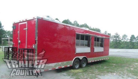 &lt;div&gt;NEW 8.5 X 28&#39; V-NOSED ENCLOSED CONCESSION FOOD VENDING TRAILER LOADED W/ EQUIPMENT &amp;amp; OPTIONS!&lt;/div&gt;
&lt;div&gt;&amp;nbsp;&lt;/div&gt;
&lt;div&gt;Up for your consideration is a Brand New Heavy Duty Model 8.5 x 28 Tandem Axle, V-Nosed Enclosed Concession Food Vending Trailer.&lt;/div&gt;
&lt;div&gt;&amp;nbsp;&lt;/div&gt;
&lt;div&gt;YOU&#39;VE SEEN THE REST...NOW BUY THE BEST!&lt;/div&gt;
&lt;div&gt;&amp;nbsp;&lt;/div&gt;
&lt;div&gt;ALL the TOP QUALITY FEATURES listed in this ad!&lt;/div&gt;
&lt;div&gt;&amp;nbsp;&lt;/div&gt;
&lt;div&gt;Elite Series Standard Features:&lt;/div&gt;
&lt;div&gt;&amp;nbsp;&lt;/div&gt;
&lt;div&gt;- Heavy Duty 8&quot; I Beam Main Frame w/ 2&quot;X6&quot; Square Tube Frame&lt;/div&gt;
&lt;div&gt;- 28&#39; Box Space + V-Nose&lt;/div&gt;
&lt;div&gt;- 54&quot; TRIPLE TUBE TONGUE&lt;/div&gt;
&lt;div&gt;- 16&quot; On Center Walls&lt;/div&gt;
&lt;div&gt;- 16&quot; On Center Floors&lt;/div&gt;
&lt;div&gt;- 16&quot; On Center Roof Bows&lt;/div&gt;
&lt;div&gt;- (2) 5,200 lb &quot; DEXTER&quot; SPRING Axles w/ All Wheel Electric Brakes &amp;amp; EZ LUBE Grease Fittings-Axles are Self Adjusting Axles&lt;/div&gt;
&lt;div&gt;- HEAVY DUTY Rear Spring Assisted Ramp Door with (2) Bar locks for Security, &amp;amp; EZ Lube Hinge Pins&lt;/div&gt;
&lt;div&gt;- No-Show Beaver Tail (Dove Tail)&lt;/div&gt;
&lt;div&gt;- 4 - 5,000 lb Flush Floor Mounted D-Rings&lt;/div&gt;
&lt;div&gt;- 36&quot; Side Door with Lock&lt;/div&gt;
&lt;div&gt;- ATP Diamond Plate Recessed Step-Up in Side door&lt;/div&gt;
&lt;div&gt;- 6&#39; 6&quot; Interior Height inside Box Space&lt;/div&gt;
&lt;div&gt;- Galvalume Seamed Roof w/ Thermo Ply Ceiling Liner&lt;/div&gt;
&lt;div&gt;- 2 5/16&quot; Coupler w/ Snapper Pin&lt;/div&gt;
&lt;div&gt;- Heavy Duty Safety Chains&lt;/div&gt;
&lt;div&gt;- 2K Top-Wind Jack&lt;/div&gt;
&lt;div&gt;- 7-Way Round RV Electrical Wiring Harness w/ Battery Back-Up &amp;amp; Safety Switch&lt;/div&gt;
&lt;div&gt;- 24&quot; ATP Front Stone Guard w/ ATP Nose Cap&lt;/div&gt;
&lt;div&gt;- Exterior L.E.D Lighting Package&lt;/div&gt;
&lt;div&gt;- 3/8&quot; Heavy Duty Top Grade Plywood Walls&lt;/div&gt;
&lt;div&gt;- 3/4&quot; Heavy Duty Top Grade Plywood Floors&lt;/div&gt;
&lt;div&gt;- Heavy Duty Smooth Fender Flares&lt;/div&gt;
&lt;div&gt;- Deluxe License Plate Holder with Light&lt;/div&gt;
&lt;div&gt;- Top Quality Exterior Grade Automotive Paint&lt;/div&gt;
&lt;div&gt;- (1) Non-Powered Roof Vent&lt;/div&gt;
&lt;div&gt;- (1) 12-Volt Interior Trailer Light w/ Wall Switch&lt;/div&gt;
&lt;div&gt;- 15&quot; 225-15&quot; Radial Tires&lt;/div&gt;
&lt;div&gt;- Silver Modular Wheels&lt;/div&gt;
&lt;div&gt;&amp;nbsp;&lt;/div&gt;
&lt;div&gt;Concession Package &amp;amp; Upgrades:&lt;/div&gt;
&lt;div&gt;&amp;nbsp;&lt;/div&gt;
&lt;div&gt;- Concession Package ~ 8&#39; Range Hood, Air Flow Blower, 2 Interior Range Lights, Grease Trap on Roof.&amp;nbsp;&lt;/div&gt;
&lt;div&gt;- Fire Suppression System Installed in Range Hood w/ Sprinkler System,&amp;nbsp; Pipes &amp;amp; Tank Fully Charged.&amp;nbsp;&amp;nbsp;&lt;/div&gt;
&lt;div&gt;- Stainless Steel Vending Equipment Includes:&amp;nbsp;&lt;/div&gt;
&lt;div&gt;- 24&quot; Starmax Griddle&lt;/div&gt;
&lt;div&gt;- 24&quot; 4 Burner Southbend Range with Oven&lt;/div&gt;
&lt;div&gt;- 1 ~ 3 Well Eagle Gas Steam Table&lt;/div&gt;
&lt;div&gt;- Pitco 2 Basket Fryer&lt;/div&gt;
&lt;div&gt;- 49&quot; Cu ft Stainless Steel Fridge (2 Door)&lt;/div&gt;
&lt;div&gt;- 23&quot; Cu ft Stainless Steel Freezer (1 Door)&lt;/div&gt;
&lt;div&gt;- 28&quot; 8 Pan Sandwich Prep Cooler&lt;/div&gt;
&lt;div&gt;- 2 ~&amp;nbsp; 3&#39; x 6&#39; Concession/Vending Window w/Glass &amp;amp; Screens (Curbside of Trailer)&lt;/div&gt;
&lt;div&gt;- 2 ~ Exterior Serving Counters 1 Under Each Concession Window&lt;/div&gt;
&lt;div&gt;- 2 ~ A/C Units, Pre-wire &amp;amp; Brace, (13,500 BTU Unit w/ Heat Strip)&lt;/div&gt;
&lt;div&gt;- Deluxe Sink Package ~ 3 Stainless Steel Sinks in Stainless Steel Table W/Hardware in Mill Finish, Hand Wash Station, Upgraded 27 Gallon Fresh Water Tank, Upgraded 50 Gallon Waste Water Tank, &amp;amp; 6 Gallon Hot Water Heater.&lt;/div&gt;
&lt;div&gt;- City Water Hook Up&lt;/div&gt;
&lt;div&gt;- Electrical Package ~ (100 Amp Panel Box w/25&#39; Life Line, 2 ~110 Volt Interior Recepts, 2 ~ 4&#39; 12 Volt L.E.D. Strip Lights w/ Battery&lt;/div&gt;
&lt;div&gt;- 8 ~ Extra 110 Volt Interior Electrical Recepts&lt;/div&gt;
&lt;div&gt;- 2 ~ Extra 4&#39; Fluorescent Lights&lt;/div&gt;
&lt;div&gt;- 2 ~ Propane Cages w/ Swing Door&lt;/div&gt;
&lt;div&gt;- Propane Package ~ 2 ~ 100 lb Propane Tanks,&amp;nbsp; Regulator, LP Lines, w/5 Stub Outs (Cages/Tanks located in rear of trailer - Please NOTE: (Tanks are Empty)&lt;/div&gt;
&lt;div&gt;- LP Lines and LP Regulator (ALL EQUIPMENT HAS INDIVIDUAL SHUT OFF VALVES)&lt;/div&gt;
&lt;div&gt;&amp;nbsp;&lt;/div&gt;
&lt;div&gt;Additional Upgrades:&lt;/div&gt;
&lt;div&gt;&amp;nbsp;&lt;/div&gt;
&lt;div&gt;- 9&quot; Additional Interior Height (Total approx 7&#39; 3&quot;)&lt;/div&gt;
&lt;div&gt;- RTP (Rubber Tread Plate) Flooring on Trailer Interior&amp;nbsp;&lt;/div&gt;
&lt;div&gt;- White Aluminum Finish Metal Walls and Ceiling Liner&amp;nbsp;&lt;/div&gt;
&lt;div&gt;- Insulated Walls &amp;amp; Ceiling&lt;/div&gt;
&lt;div&gt;- Upper Cabinets ~ Mounted 8&#39; Upper Cabinets Above Sink in V-Nose (All cabinets are in upgraded .030 Victory Red Metal)&lt;/div&gt;
&lt;div&gt;- Base Cabinets ~ 16&#39; Base Cabinets on Passenger Side Starting at Front Concession Window to Rear of Trailer (Top of Base Cabinet Doubles as Prep Station).&amp;nbsp;&lt;/div&gt;
&lt;div&gt;- .030 Colored Metal Exterior in Victory Red&lt;/div&gt;
&lt;div&gt;- Straight Deck&lt;/div&gt;
&lt;div&gt;- Upgraded 48&quot; Side Door moved to Driver Side 24&quot; from V-Nose.&amp;nbsp;&lt;/div&gt;
&lt;div&gt;- Additional Rear Door 32&quot; on Rear Wall Center (NO Rear Ramp Door- Solid wall w/ 32&quot; Walk through Door).&lt;/div&gt;
&lt;p&gt;&amp;nbsp;&lt;/p&gt;
&lt;p&gt;* * N.A.T.M. Inspected and Certified * *&lt;br /&gt;* * Manufacturers Title and 5 Year Limited Warranty Included * *&lt;br /&gt;* * PRODUCT LIABILITY INSURANCE * *&lt;br /&gt;* * FINANCING IS AVAILABLE W/ APPROVED CREDIT * *&lt;/p&gt;
&lt;p&gt;&lt;br /&gt;Trailer is offered @ factory direct pick up in Willacoochee, GA...We also offer Nationwide Delivery, please contact us for more information.&lt;br /&gt;CALL: 888-710-2112&lt;/p&gt;
