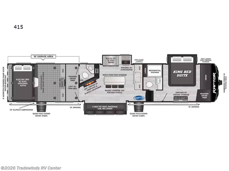 2025 Keystone Raptor 415 - New Toy Hauler For Sale by Tradewinds RV Center in Clio, Michigan features Slideout