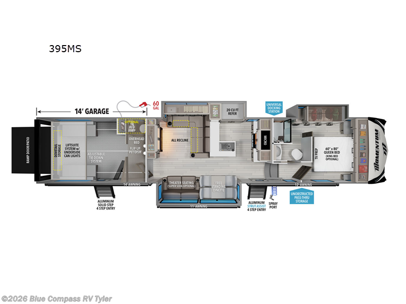 2026 Grand Design Momentum M-Class 395MS - New Toy Hauler For Sale by Blue Compass RV Tyler in Tyler, Texas features Slideout