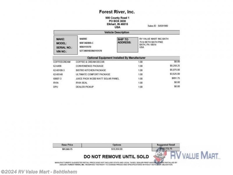 New 2025 Forest River Sabre 36DBB available in Bath, Pennsylvania