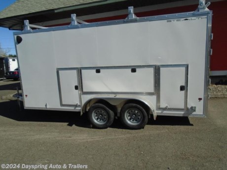Looking for the Ultimate Contractor Package? Look no further ... Alcom has brought us the all aluminum cargo trailer package engineered to meet the needs and quality that a contractor demands with features like a heavy duty roof rack complete with full length catwalk, ladder , and rear roller for sliding material onto the rack system. The rear barn doors allow for easy fork lift access but if needed each door holds a heavy duty aluminum ramp that connects to the floor for loading all types of equipment and compartments outside that you can add shelf&#39;s and you have access from the inside of the trailer too . This one has a 110 package with 2 four foot led lights and a plug outside by the compartments and 2 plugs inside and a over cabinet it is ready to go to work. You truly have to see everything these models have to offer in person!

Features:

* All aluminum construction
* 16&quot; o/c floor , walls and roof construction
* screwless smooth aluminum skin exterior
* ladder rack system with ladder, catwalk and rear material roller
* v nose construction
* white ceiling liner
* all led lighting
* 15&quot; silver mod wheels with radial 205/75r15 tires
* advantach marine grade flooring
* rear barn doors with loading ramps
* 32&quot; rv side door
* 2- 3500lb dexter ez lube axles complete w/ electric brakes
* 2 cross vents
* 24&quot; stoneguard
* 1 piece aluminum roof
* 4 year warranty Ask us about adding even more features to make you trailer complete for you own personal needs !
* 
* Let us help you find the right trailer for your needs! If we don&#39;t have it, we will custom order it for you, and configure it perfectly for your specific application. Our goal is to make sure you have the right trailer and accessories to fit your needs and to make it a pleasant and enjoyable experience buying your new trailer.We take all kinds of trades just let us know what you have.Financing rates ARE LOWER THROUGH CREDIT UNIONS We are a CUDL dealer. Dayspring Auto &amp; Trailers 786 NE Burnside Gresham, OR 97030 503-666-7300 DA2659