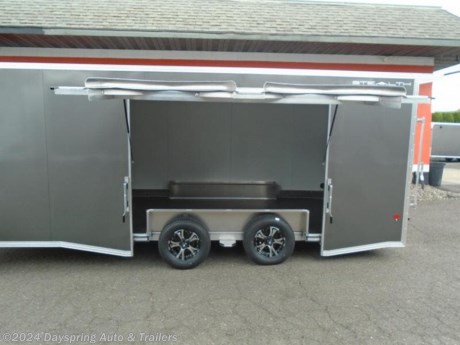 Back by popular demand, we ordered some car haulers with the spread axle upgrade this season, torsion spread axles with tapered body skirts and this one has premium wheels, the premium tpo coin flooring which is all new for, and its non-slip and easy to clean. Also new for 2019 is the available premium light package, with clear lenses all around and reverse lights integrated into the brake lights. We also ordered this trailer with a finished interior and an all aluminum starter flap. And the very popular elite escape door with removable fender and rear canopy with rear loading lights, and rear bogey wheels

DA2659
Dayspring Auto and Trailers
786 NE Burnside rd
Gresham OR 97030
(503) 666-7300

Let us help you find the right trailer for your needs! If we don&#39;t have it, we will custom order it for you, and configure it perfectly for your specific application. Our goal is to make sure you have the right trailer and accessories to fit your needs and to make it a pleasant and enjoyable experience buying your new trailer.

We take all kinds of trades just let us know what you have.
Financing rates ARE LOWER THROUGH CREDIT UNIONS
We are a CUDL dealer.