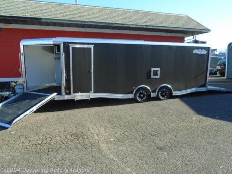 This is a all aluminum 8.5 feet wide by 24 feet inside floor plus the v-nose. This one is sitting on tandem 3500# spread axles with premium wheels. This one is a all sport model and it is loaded with extras starting with all white interior and a very durable quad ply flooring it also has a 40k furnace, a 110 package and battery and a lot off extra interior lighting 2 sitting benches and 10 coat hooks a full size spare a fuel door 8 d-ring drive over fenders 7&quot; exterior trim and a man door on both sides this trailer is design for side by sides ,atv,snowmobile,cars and this finished in flat black and a limited life time warranty

AT DAYSPRING, IT IS OUR GOAL TO HELP YOU FIND THE RIGHT TRAILER FOR YOUR NEEDS.
IF WE DON&#39;T HAVE IT, WE WILL BE MORE THAN HAPPY TO ORDER IT FOR YOU.
WE WANT TO MAKE SURE THAT YOU HAVE THE RIGHT TRAILER AND ACCESSORIES TO FIT YOUR NEEDS.

CONTACT US AND HAVE A GREAT EXPERIENCE BUYING YOUR NEW TRAILER!

TRADES ARE NO PROBLEM; JUST LET US KNOW WHAT YOU HAVE.

FINANCING RATES ARE LOWER THROUGH CREDIT UNIONS . WE ARE A CERTIFIED CUDL DEALER
