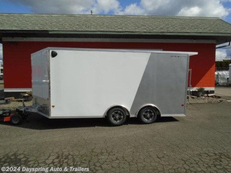 This the prefect Atv/Utv trailer. First it is all aluminum. It is 8.5 feet wide by 16 feet long with the inside is 7 feet one inch tall and the rear door opening is 81 inches tail. It has 3500# torsion spread axles with brakes on both axles and premium wheels for a nice ride and white luan ceiling and white walls The flooring is tpo flooring which is fully water prof. All led running lights. A rear spoiler with loading lights. This one has slide track for easy tie down points. A 18x24 sliding window 2 tone paint Come check out this sharp trailer . This trailer has a small dent in the chrome nose

AT DAYSPRING, IT IS OUR GOAL TO HELP YOU FIND THE RIGHT TRAILER FOR YOUR NEEDS.
IF WE DON&#39;T HAVE IT, WE WILL BE MORE THAN HAPPY TO ORDER IT FOR YOU.
WE WANT TO MAKE SURE THAT YOU HAVE THE RIGHT TRAILER AND ACCESSORIES TO FIT YOUR NEEDS.

CONTACT US AND HAVE A GREAT EXPERIENCE BUYING YOUR NEW TRAILER!

TRADES ARE NO PROBLEM; JUST LET US KNOW WHAT YOU HAVE.

FINANCING RATES ARE LOWER THROUGH CREDIT UNIONS WE ARE A CERTIFIED CUDL DEALER