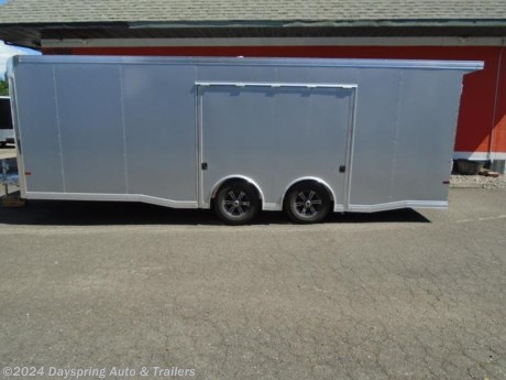 This is a premium all aluminum trailer sitting on 5200# torsion spread axles with premium wheels and brakes on both axles all aluminum flooring with 4 hd d-rings a 48&quot; rv style side door with a big slide out step 7 feet tail inside and 8.6 feet wide this is the race package trailer with aluminum finish inside a overhead front cabinet a 60amp power service with a converter a roof that is pre wired for a a/c unit and 4 outlets including one out side and a battery all led lights inside and out side the elite escape door on the side with removable fender so you can get out of your car and a rear spoiler with loading lights
| Standard Features |
| ----------------- |
| Coupler |
| A-Frame |
| Trailer Width |
| Trailer Height |
| Trailer Lengths |
| Construction |
| Exterior skin |
| Interior skin |
| Axles |
| Axle configuration |
| Wheels |
| Brakes |
| Tires |
| Dove tail |
| Spoiler |
| Jack |
| Corners |
| Verticals |
| Side door |
| Side step |
| Rear ramp |
| Ramp extension |
| Vent |
| Base cabinets |
| Overhead cabinets |
| Tie downs in floor |
| Power connection |
| 110V Outlets |
| Gravel guard |
| Interior lighting |
|
|
| |
|
|
| |
| |
AT DAYSPRING, IT IS OUR GOAL TO HELP YOU FIND THE RIGHT TRAILER FOR YOUR NEEDS.
IF WE DON&#39;T HAVE IT, WE WILL BE MORE THAN HAPPY TO ORDER IT FOR YOU.
WE WANT TO MAKE SURE THAT YOU HAVE THE RIGHT TRAILER AND ACCESSORIES TO FIT YOUR NEEDS.
CONTACT US AND HAVE A GREAT EXPERIENCE BUYING YOUR NEW TRAILER!
TRADES ARE NO PROBLEM; JUST LET US KNOW WHAT YOU HAVE.
FINANCING RATES ARE LOWER THROUGH CREDIT UNIONS WE ARE A CERTIFIED CUDL DEALER