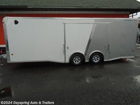 This is a all aluminum car hauler sitting on tandem 5200# torsion spread axles with brakes on both axles and nice premium wheels. fully finished interior with white walls and a white ceiling liner with a nice TPO flooring . The inside is a 24 foot floor . The best thing is this trailer has a elite escape door which is the best escape door out there on the market. It has rear spoiler with loading lights and a rv style side door and a 110 electrical package and a battery front upper and lower cabinets rear bogie wheels and 4 heavy duty d-rings

AT DAYSPRING, IT IS OUR GOAL TO HELP YOU FIND THE RIGHT TRAILER FOR YOUR NEEDS.
IF WE DON&#39;T HAVE IT, WE WILL BE MORE THAN HAPPY TO ORDER IT FOR YOU.
WE WANT TO MAKE SURE THAT YOU HAVE THE RIGHT TRAILER AND ACCESSORIES TO FIT YOUR NEEDS.
CONTACT US AND HAVE A GREAT EXPERIENCE BUYING YOUR NEW TRAILER!
TRADES ARE NO PROBLEM; JUST LET US KNOW WHAT YOU HAVE.
FINANCING RATES ARE LOWER THROW CREDIT UNIONS WE ARE A CERTIFIED CUDL DEALER