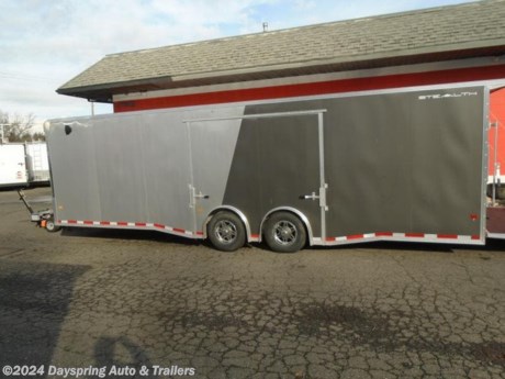 This is a loaded Alcom Stealth car hauler that is 8.5 feet wide by 28 feet long sitting on tandem 6000# torsion spread axles with brakes on both axles with premium wheels and it is loaded inc, Elite escape door, tpo flooring, fully finish interior with white luan , front upper and lower cabinets, 4 heavy duty d-rings,110Volt Package #2 - [(1) 30A Breaker Panel and Moto base Plug, (2) 3-Way Wall Switches, (1) GFI
Wall Receptacle, (1) Standard Wall Receptacle, and a battery, (3) 18 inch dome lights , 6 foot aluminum starter ramp, 48&quot; rv side door, rear bogie wheels. premium tail, lights with reverse lights And more come check this car hauler out

AT DAYSPRING, IT IS OUR GOAL TO HELP YOU FIND THE RIGHT TRAILER FOR YOUR NEEDS.
IF WE DON&#39;T HAVE IT, WE WILL BE MORE THAN HAPPY TO ORDER IT FOR YOU.
WE WANT TO MAKE SURE THAT YOU HAVE THE RIGHT TRAILER AND ACCESSORIES TO FIT YOUR NEEDS.

CONTACT US AND HAVE A GREAT EXPERIENCE BUYING YOUR NEW TRAILER!

TRADES ARE NO PROBLEM; JUST LET US KNOW WHAT YOU HAVE.

FINANCING RATES ARE LOWER THROUGH CREDIT UNIONS WE ARE A CERTIFIED CUDL DEALER
