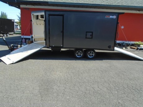 This is a new all aluminum enclosed snowmobile trailer That is a limited edition and it is loaded it is 6 feet 8 inches tail inside and 80 inches and the back door it has a rear beaver tail and the inside has nice white walls and ceiling and a rv style side door with a fold down step and a front ramp to drive out , 2 full length rows of slide track recessed in the floor rear spoiler with loading lights all led running lights and dome lights, front cabinet, a row of coat hooks, premium wheels and brakes on both axles,outside is powder coat in jet black and a lot more

AT DAYSPRING, IT IS OUR GOAL TO HELP YOU FIND THE RIGHT TRAILER FOR YOUR NEEDS.
IF WE DON&#39;T HAVE IT, WE WILL BE MORE THAN HAPPY TO ORDER IT FOR YOU.
WE WANT TO MAKE SURE THAT YOU HAVE THE RIGHT TRAILER AND ACCESSORIES TO FIT YOUR NEEDS.

CONTACT US AND HAVE A GREAT EXPERIENCE BUYING YOUR NEW TRAILER!

TRADES ARE NO PROBLEM; JUST LET US KNOW WHAT YOU HAVE.

FINANCING RATES ARE LOWER THROUGH CREDIT UNIONS .. WE ARE A CERTIFIED CUDL DEALER
VISIT OUR WEB SITE AT WWW.DAYSPRINGAUTO.COM

DAYSPRING AUTO &amp; TRAILERS
786 NE BURNSIDE
GRESHAM OREGON 97030
503-666-7300
DA2659